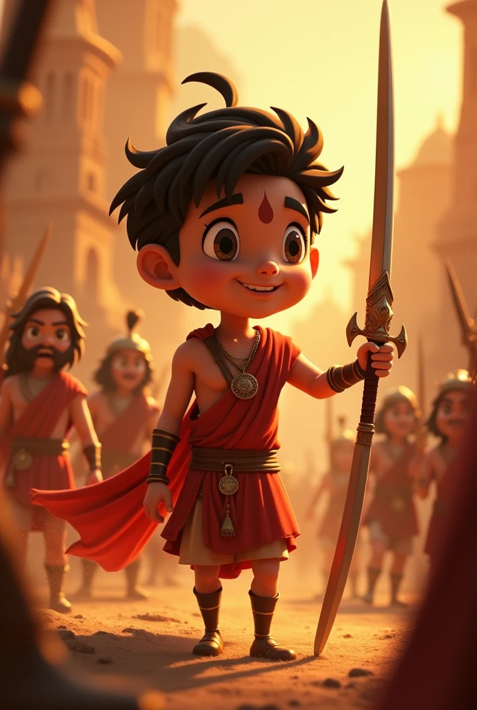 In cinematic 3d cartoon style • Laxman: Standing protectively nearby, with a vigilant expression. He is holding a sword, ready to defend against any threat. His attire is similar to Ram's but slightly more rugged.