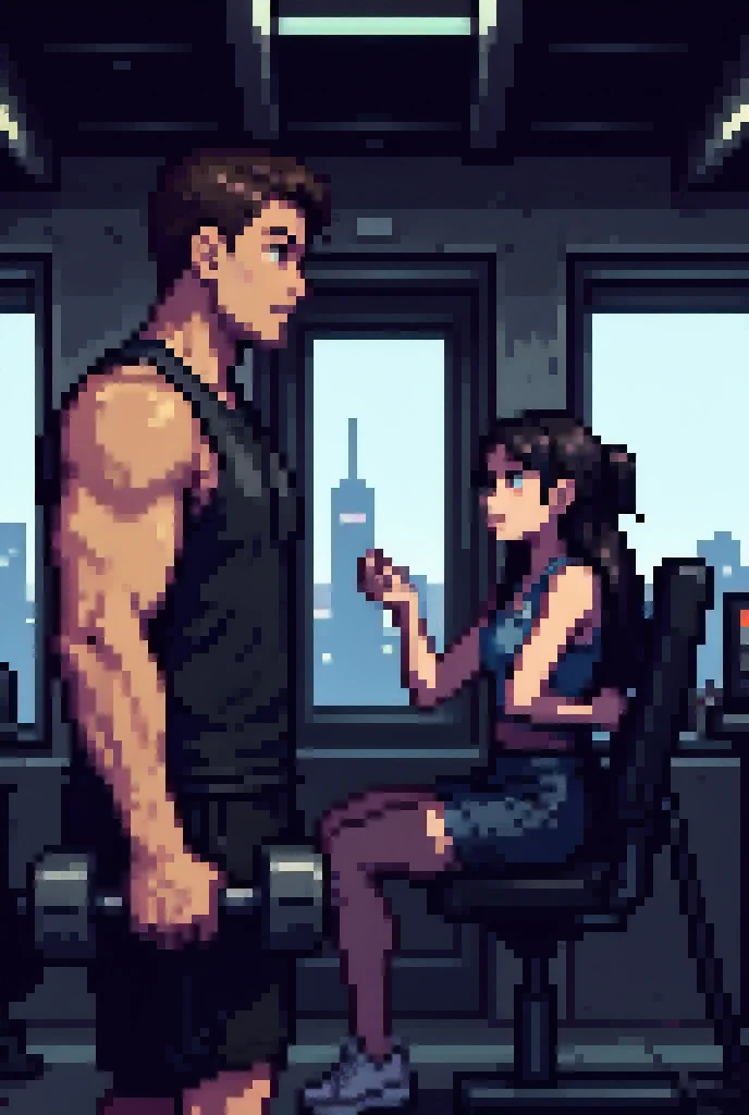 image blending realism and retro 8-bit pixel art: a realistic muscular man lifting dumbbells in a modern and realistic gym, looking surprised at a pixelated 8-bit style woman exercising on a pixelated workout machine.