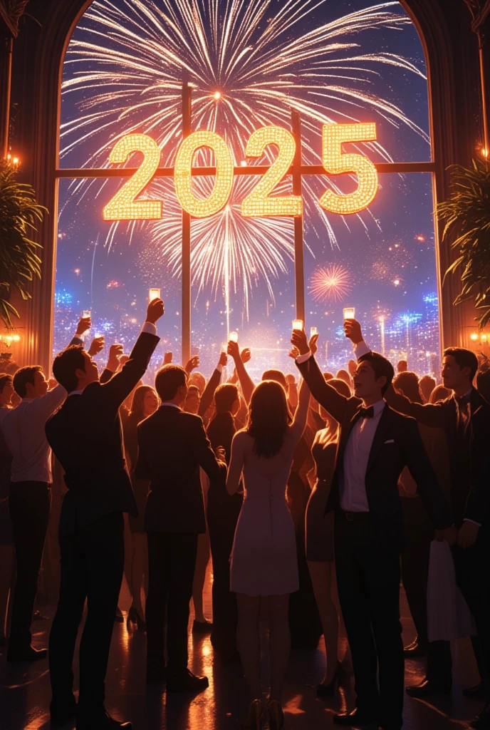 (Masterpiece, high quality, high definition, 4K, 8k, detail)、（HAPPY NEW YEAR 2025) sign、 people enjoying a New Year's  々、Cheering at work 、 I can see fireworks outside the big window in the back、club、