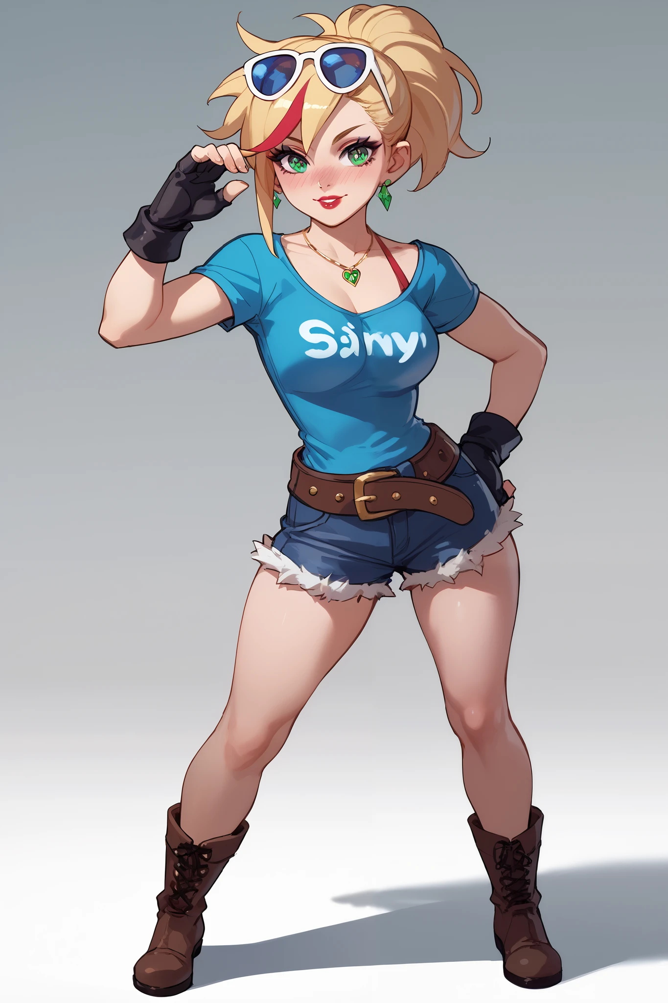 20 year old girl, ponytail blonde hair, lots of red stripes on hair, blue sunglasses on head, cute face, green eyes, long eyelashes, light blush, green earrings, prism necklace, black swin top, black swin bottom, fingerless gloves, very loose brown belt, steel toe boots, thin waist, standing, relaxed down arms, cute pose, red Lips, Makeup, Nose Blush, Full body overview, fullbody view