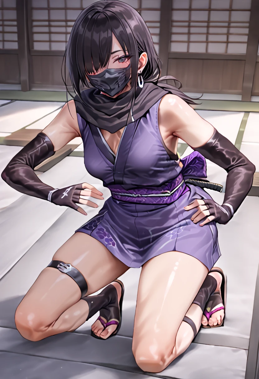      detailed face     ,      Detailed Body Rendering   ,   Alone、  masterpiece ,      High Quality     , 8k,      hoop earrings    ,    teeth ,     thigh thickness  ,  Shiny Skin Skinning     ,{{{{{     game cg}}}}},, 最     High Quality     ,      High Quality    ,       very sophisticated  , (( mosuninja
ninja,black hair,brown eyes,hair over one eye,eyeshadow,purple eyeshadow,breasts,small breasts,bare shoulders,mask,mouth mask,covered mouth,ninja mask,japanese clothes, kimono,short  kimono,Heart,elbow gloves,fingerless gloves,gloves,hood,skirt, sandals ,socks,black legwear,toes,thigh strap,)), ((kneeling)) ,hands on knees,(hundoshi)