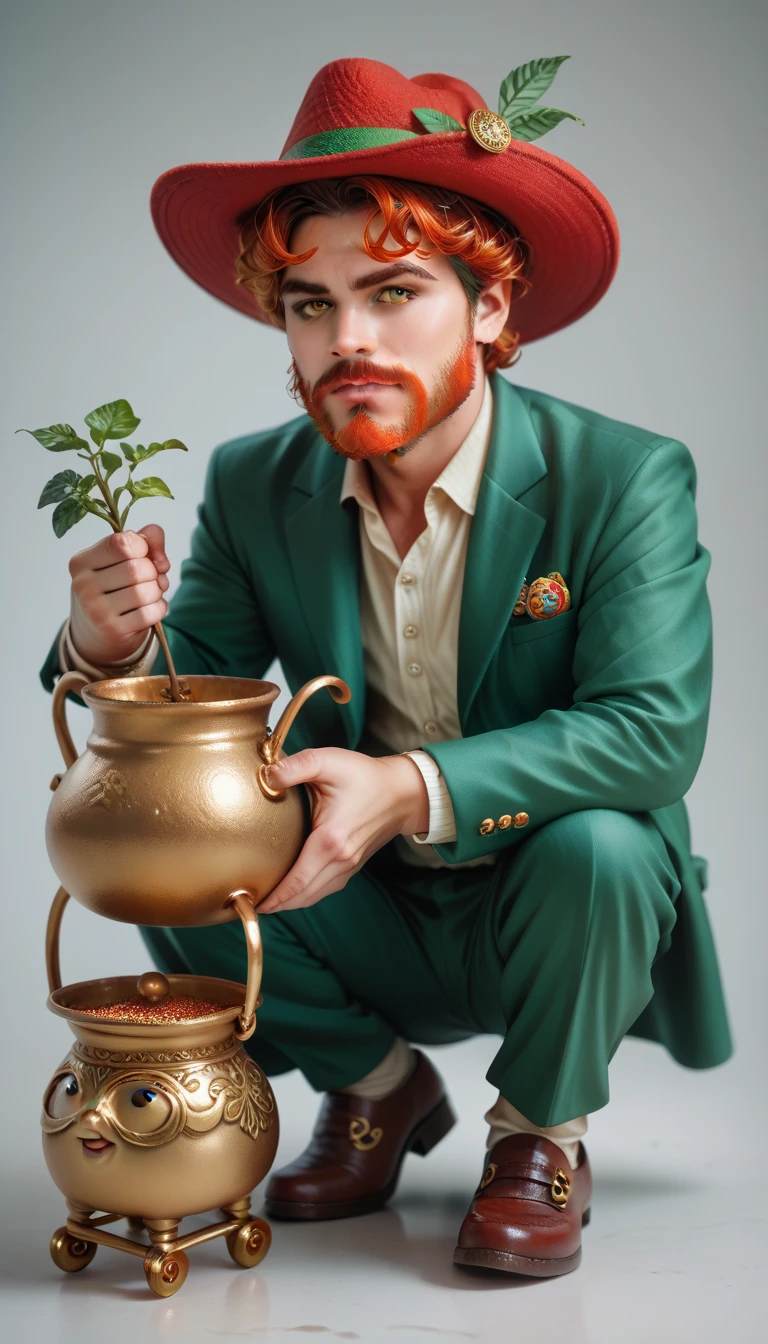 An old gnome , Gnome man, green suit,  fine-toed shoes , hat, red beard,  yellow eyes  ,realistic,  holds a pot of gold,threatening look