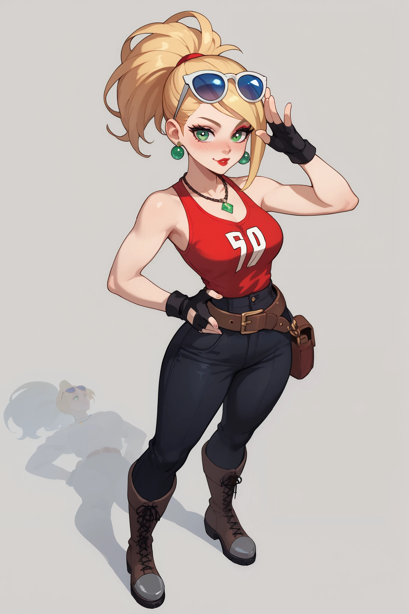 20 year old girl, ponytail blonde hair, lots of red stripes on hair, blue sunglasses on head, cute face, green eyes, long eyelashes, light blush, green earrings, prism necklace, black swin top, black swin bottom, fingerless gloves, very loose brown belt, steel toe boots, thin waist, standing, relaxed down arms, cute pose, red Lips, Makeup, Nose Blush, Full body overview, fullbody view