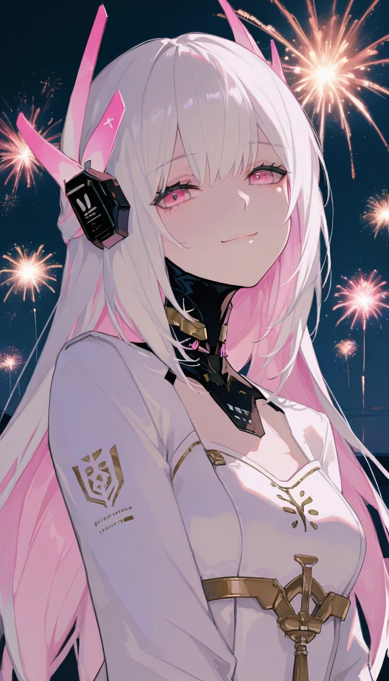  top quality , masterpiece,        748cm style       ,        1 girl,   ,       viewers,  ,      smile,,      Punishing Gray raven、     Liv、     white hair,pink eyes, long hair,liv,white dress, headgear, turtle neck, 
night background, fireworks, looking at viewer, dynamic background, long shot, looking at viewer, long sleeves, upper body, pink inner hair