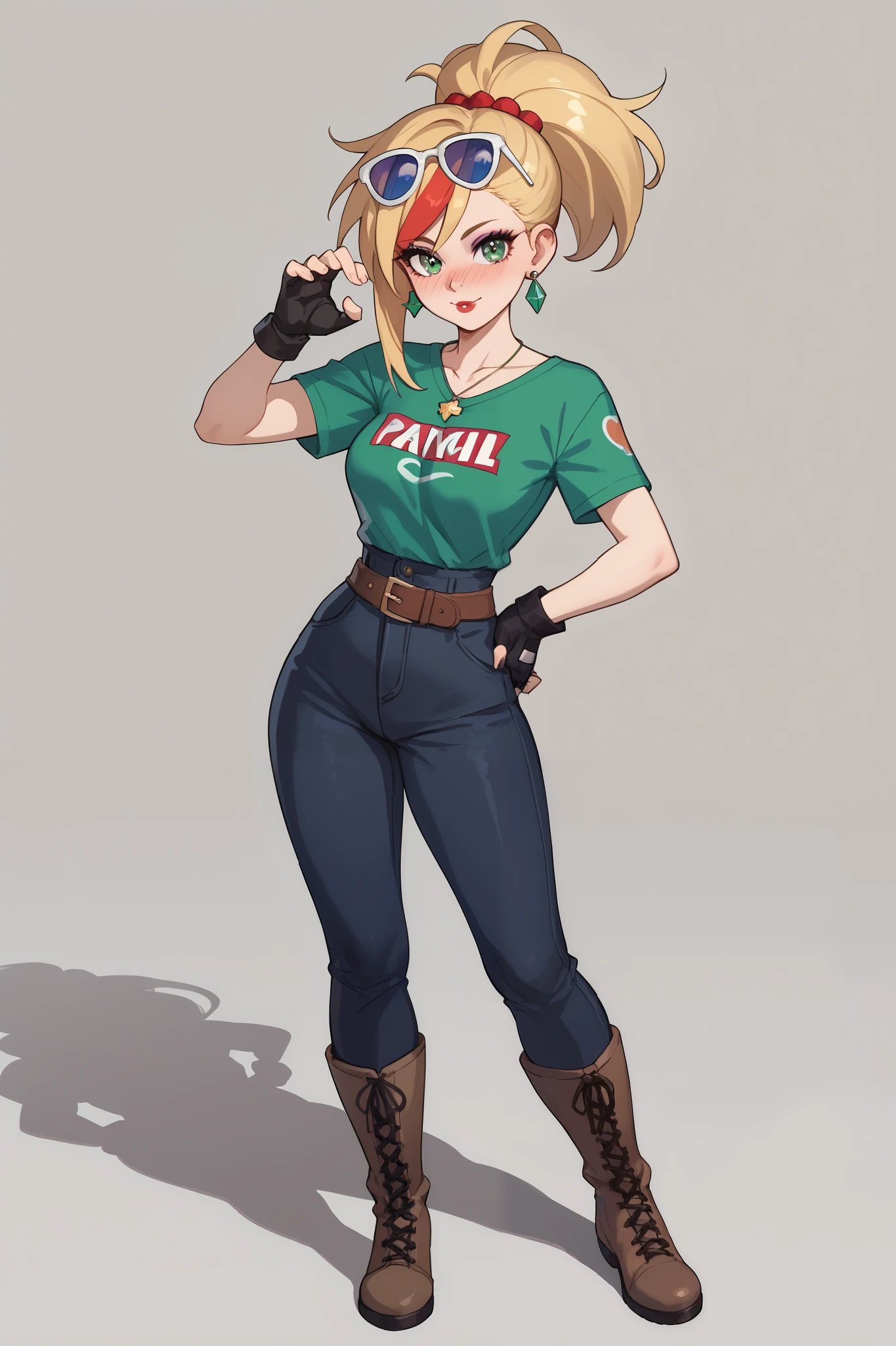 20 year old girl, ponytail blonde hair, lots of red stripes on hair, blue sunglasses on head, cute face, green eyes, long eyelashes, light blush, green earrings, prism necklace, black swin top, black swin bottom, fingerless gloves, very loose brown belt, steel toe boots, thin waist, standing, relaxed down arms, cute pose, red Lips, Makeup, Nose Blush, Full body overview, fullbody view