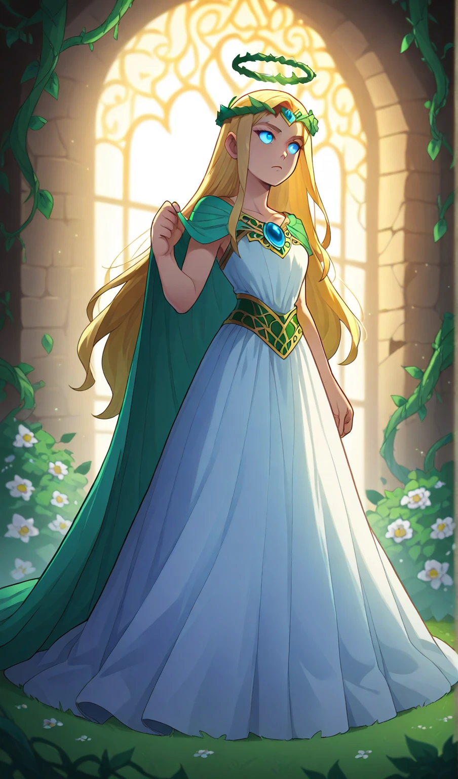 A dramatic anime adaptation of Sleeping Beauty. The princess lies asleep on a bed of glowing roses, her long golden hair cascading around her like a radiant halo. She wears an elegant, flowing gown that seems to shimmer with stardust. The castle around her is ancient and overgrown with thorny vines, some glowing faintly with an eerie light. The hero, a determined young knight with a magical sword, approaches the bed cautiously, his cape fluttering in the wind from a broken window. A massive, shadowy dragon looms in the background, its eyes glowing a sinister red, hinting at the imminent battle. The scene is dynamic and filled with tension, combining beauty and danger in a classic anime style.