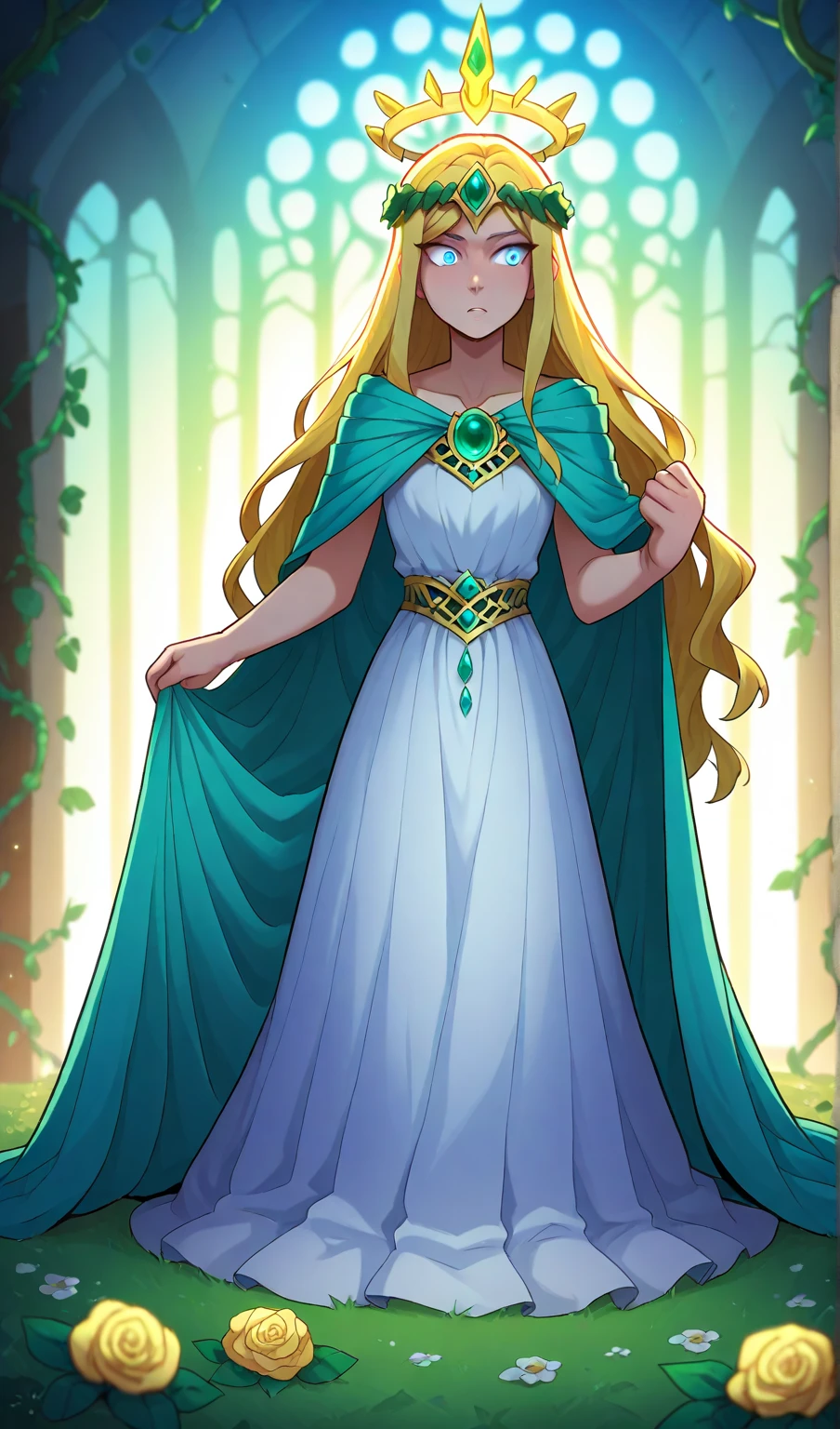 A dramatic anime adaptation of Sleeping Beauty. The princess lies asleep on a bed of glowing roses, her long golden hair cascading around her like a radiant halo. She wears an elegant, flowing gown that seems to shimmer with stardust. The castle around her is ancient and overgrown with thorny vines, some glowing faintly with an eerie light. The hero, a determined young knight with a magical sword, approaches the bed cautiously, his cape fluttering in the wind from a broken window. A massive, shadowy dragon looms in the background, its eyes glowing a sinister red, hinting at the imminent battle. The scene is dynamic and filled with tension, combining beauty and danger in a classic anime style.