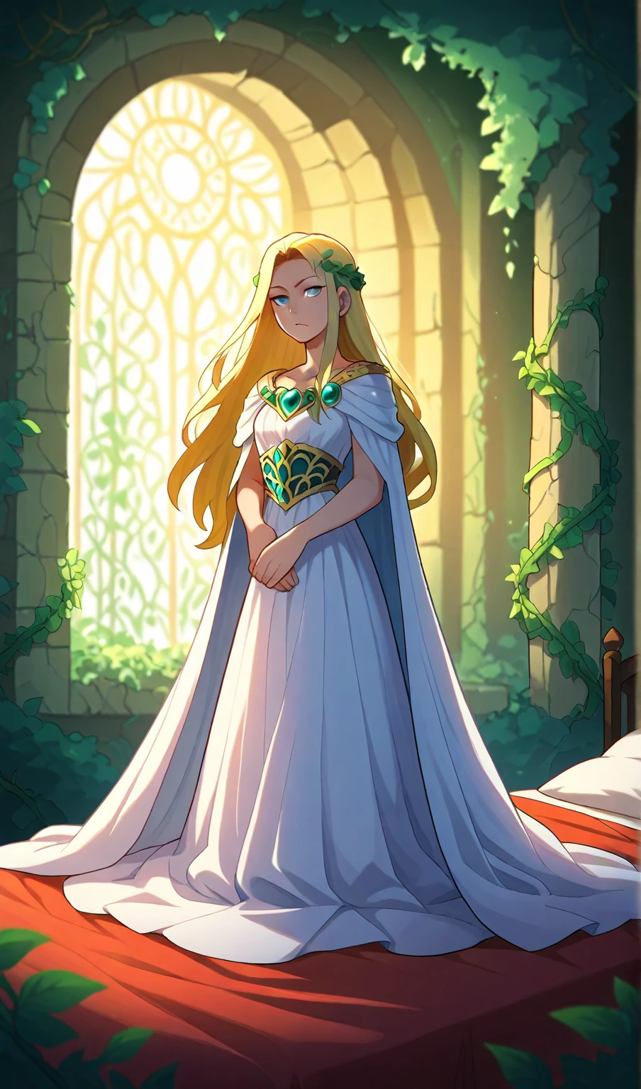 A dramatic anime adaptation of Sleeping Beauty. The princess lies asleep on a bed of glowing roses, her long golden hair cascading around her like a radiant halo. She wears an elegant, flowing gown that seems to shimmer with stardust. The castle around her is ancient and overgrown with thorny vines, some glowing faintly with an eerie light. The hero, a determined young knight with a magical sword, approaches the bed cautiously, his cape fluttering in the wind from a broken window. A massive, shadowy dragon looms in the background, its eyes glowing a sinister red, hinting at the imminent battle. The scene is dynamic and filled with tension, combining beauty and danger in a classic anime style.