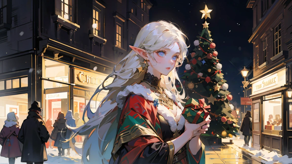 void 0, realistic, 
very awa, masterpiece, highres, absurdres, newest, year 2024, year 2023, blurry foreground, beautiful elf girl with white long hair, blue eyes,
1girl, solo, girl in festive New Year's outfit, holding gifts, cheerful expression, smiling warmly, long hair, vibrant colors, cozy atmosphere, 
snowfall, Christmas lights, holiday decorations, glowing ambiance, warm tones, red and gold theme, 
detailed background, festive street scene, illuminated shop windows, sparkling snowflakes, night setting, holiday magic, dynamic perspective, 
