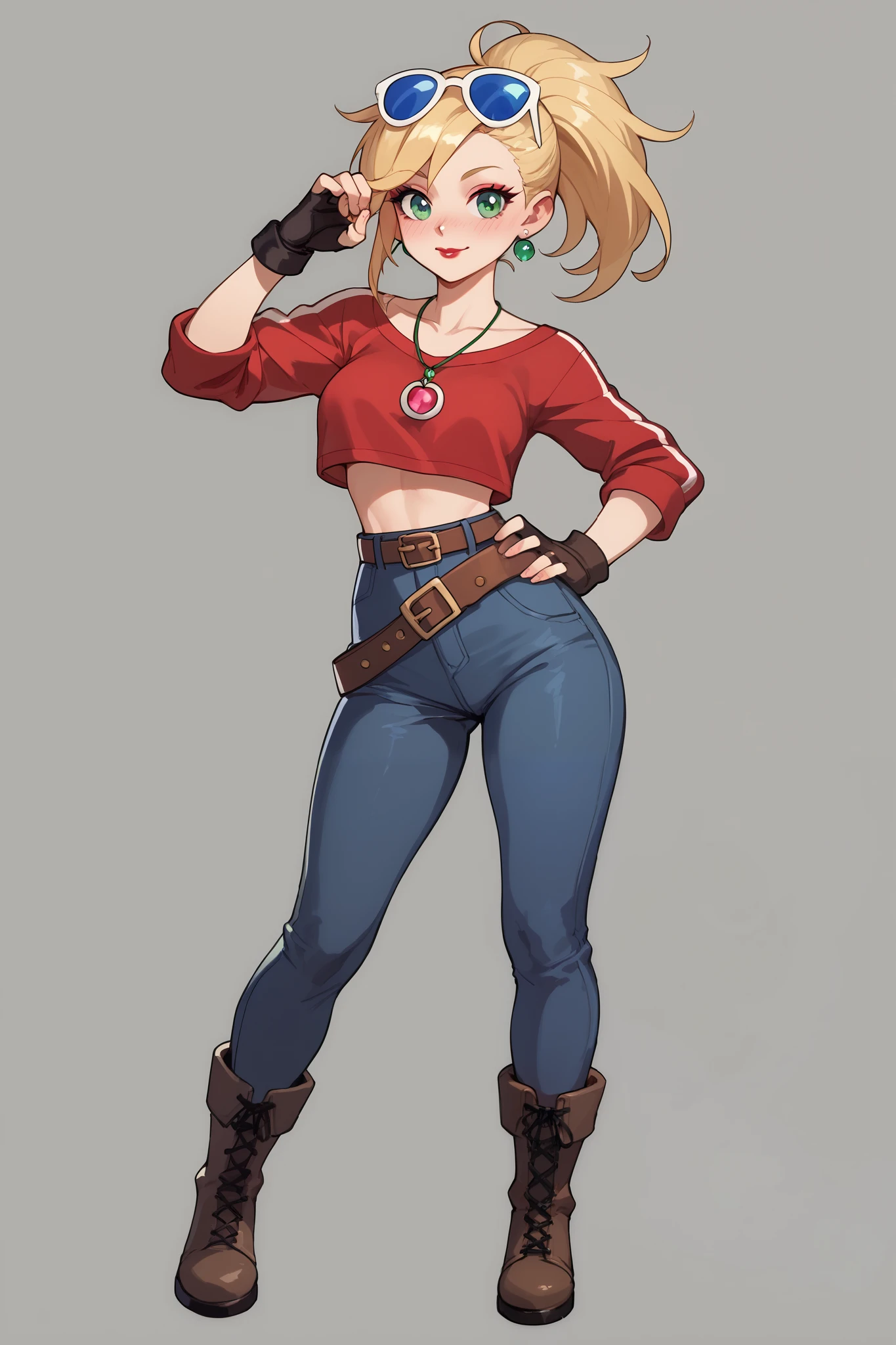 20 year old girl, ponytail blonde hair, lots of red stripes on hair, blue sunglasses on head, cute face, green eyes, long eyelashes, light blush, green earrings, prism necklace, black swin top, black swin bottom, fingerless gloves, very loose brown belt, steel toe boots, thin waist, standing, relaxed down arms, cute pose, red Lips, Makeup, Nose Blush, Full body overview, fullbody view