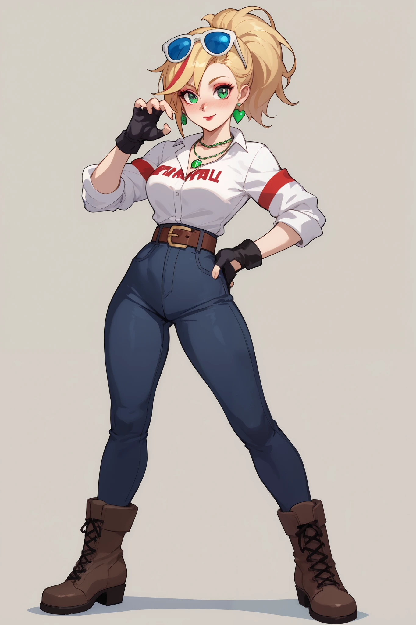 20 year old girl, ponytail blonde hair, lots of red stripes on hair, blue sunglasses on head, cute face, green eyes, long eyelashes, light blush, green earrings, prism necklace, black swin top, black swin bottom, fingerless gloves, very loose brown belt, steel toe boots, thin waist, standing, relaxed down arms, cute pose, red Lips, Makeup, Nose Blush, Full body overview, fullbody view