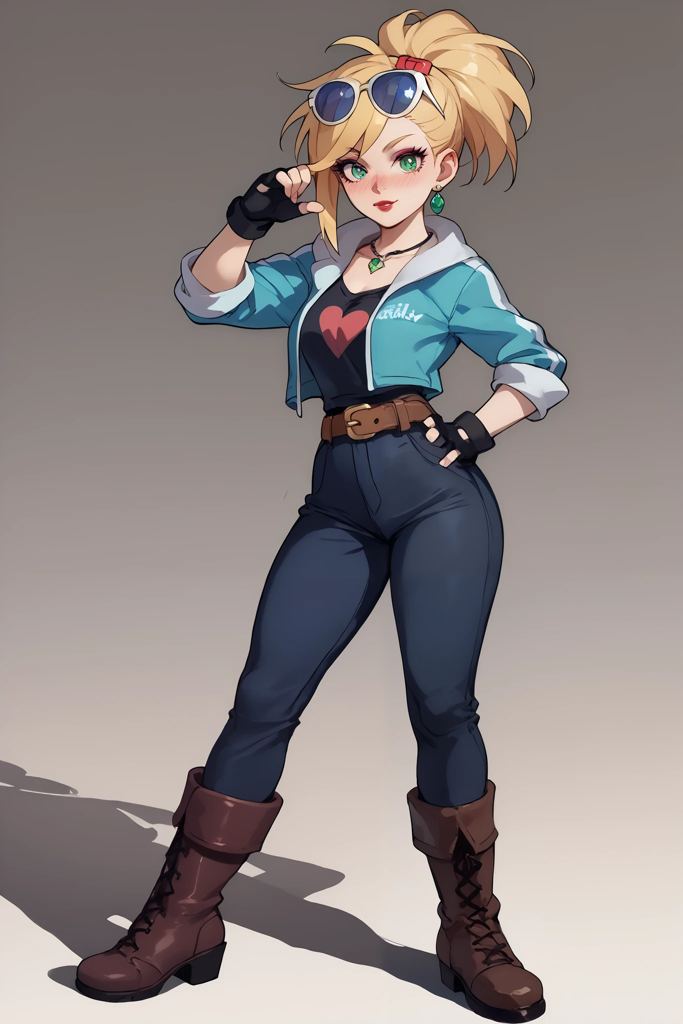 20 year old girl, ponytail blonde hair, lots of red stripes on hair, blue sunglasses on head, cute face, green eyes, long eyelashes, light blush, green earrings, prism necklace, black swin top, black swin bottom, fingerless gloves, very loose brown belt, steel toe boots, thin waist, standing, relaxed down arms, cute pose, red Lips, Makeup, Nose Blush, Full body overview, fullbody view 