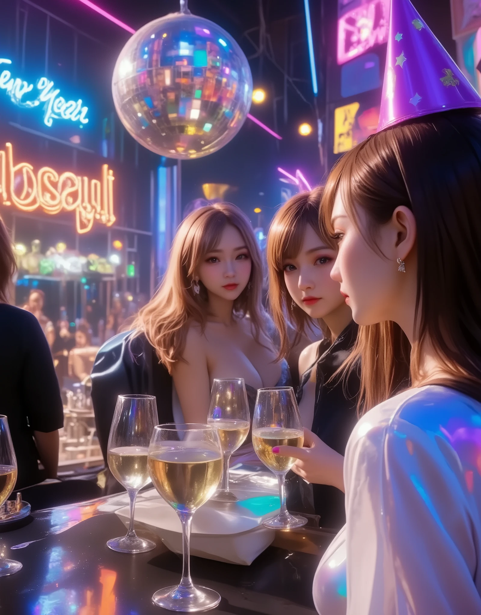 8K resolution, masterpiece, Highest quality, Award-winning works, A woman Drinking with female friends at the bar counter after drinking too much at a New Year's party, disco, dance party, cocktails, mirror ball, party cone hat, new year party decorations, party hat, シャンパン, Party popper, (big banner which says "Happy new year":1,4), (dancing passionately on the stage:1.5)