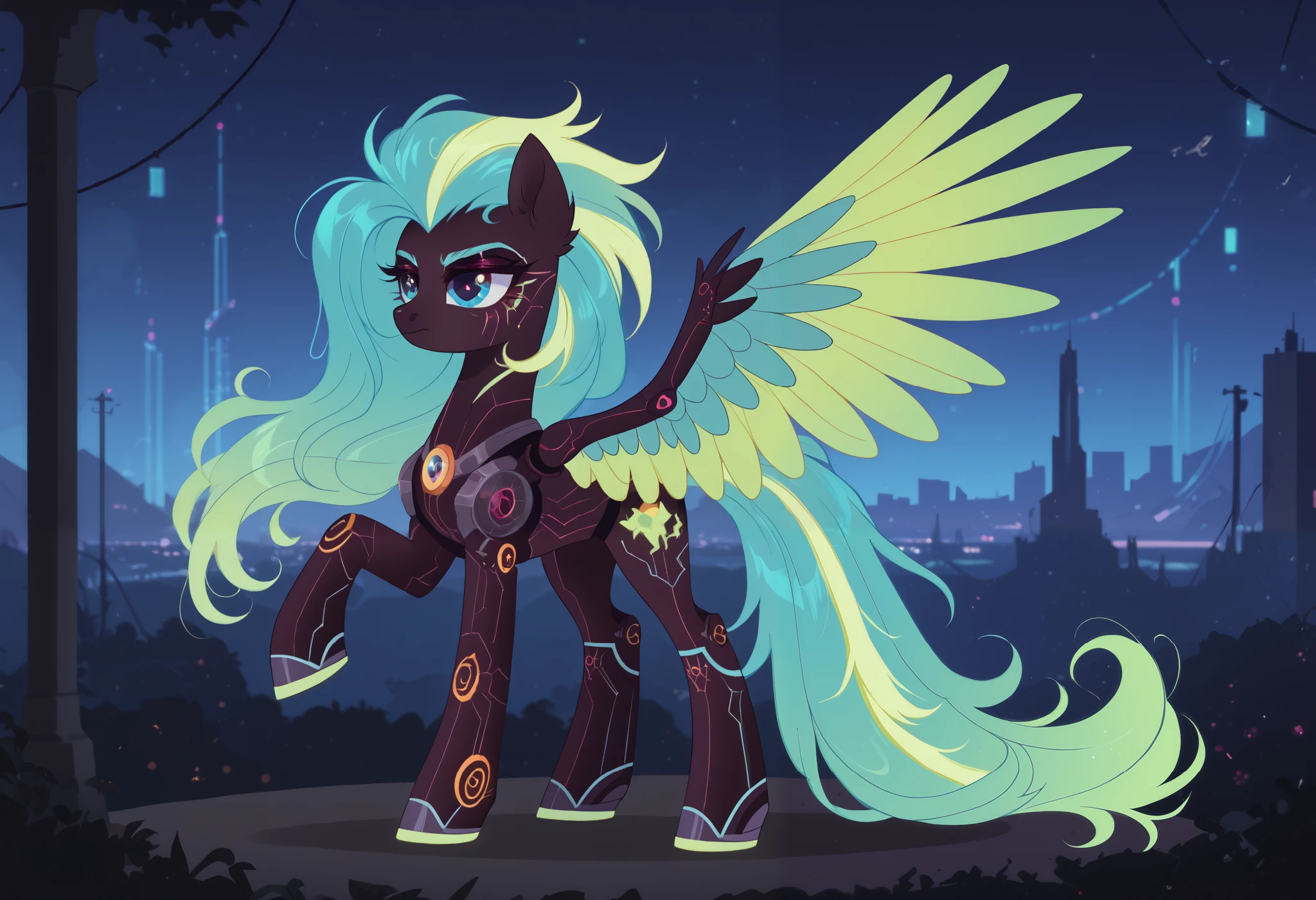 score_9, score_8_up, score_7_up, score_6_up, score_5_up, score_4_up, show accurate, full body, complex background, futuristic cityscape at night, vibrant neon lights, cybernetic pony, female pony, unique character design, mix of organic and technological features, sleek metallic body with iridescent finish, exaggerated proportions, powerful yet graceful stance, luminescent blue eyes with digital patterns, high-tech mane, multi-colored strands (cyan, magenta, and electric green) flowing like liquid light, intricate circuitry patterns visible beneath the surface of the skin, glowing accents on the limbs, forelegs armored with sleek plating, back and hips embellished with added tech components resembling wings, cyber-wings resembling mechanical feathers with LED lights that pulsate in rhythm, a tail of flowing energy trails with animated electronic components, adorned with digital motifs that shift colors.