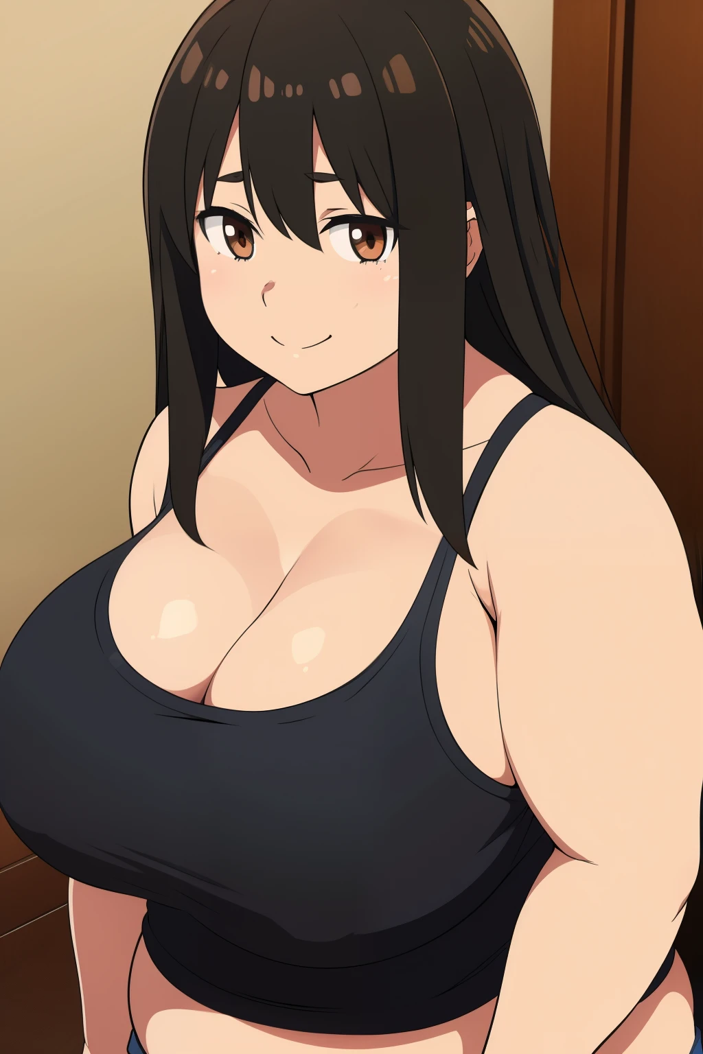 Chubby girl with big breasts brown eyes long and messy black hair smiling