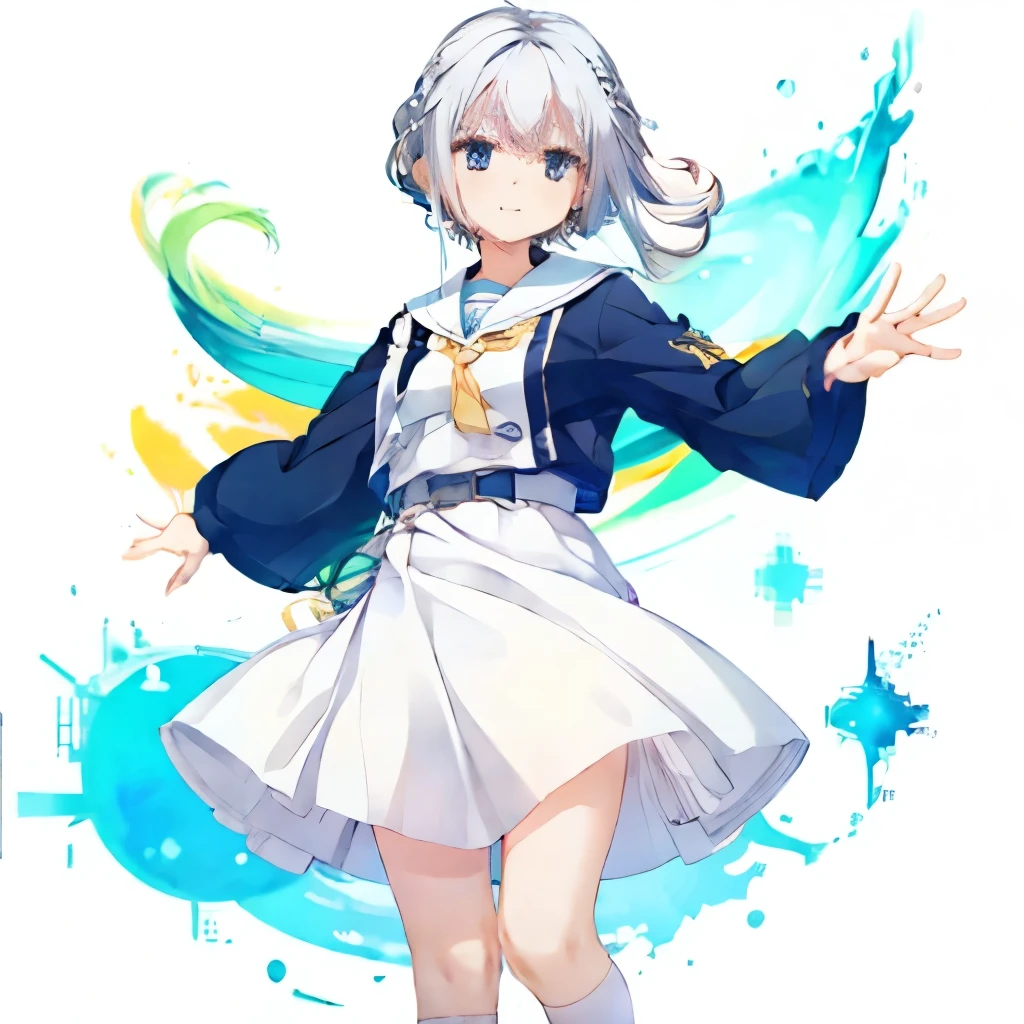 (front), Full Body Lesbian ,((white background)), is standing, girl ,whiteいhair,Aqua_hair,Aqua_eye,green_eye, の毛をeyeの間に挟んで食べる, hair, 雪の結晶のhair飾り, top quality , high res,(length_hair),white_ skirt ,green_ ties,white_Sailor_ dress,white_socks,真っ直ぐなhairの毛,(smile),( head tilt), skirt を捲し上げる