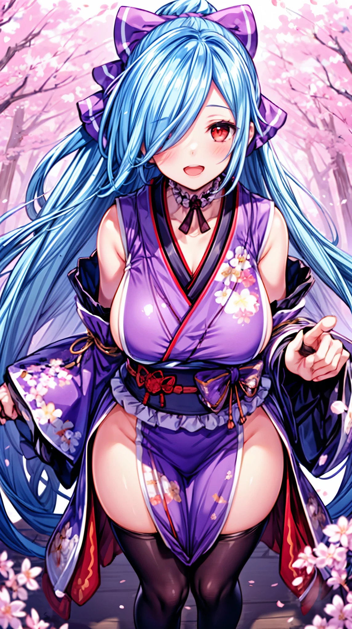 masterpiece, best quality, (1girl, solo),
yamato iori, 1ung_teirl, virtual youtuber, solo, gloves, bow, hair bow, long hair, hair over one eye, thighhighs, blue hair, fingerless gloves, red eyes, japanese clothes, full body, detached sleeves, ponytail, looking at viewer, black gloves, very long hair, (heavy&soft_large_breasts:1.4), purple bow, kimono, smile, open mouth, transparent background, standing, sash, obi, purple kimono
blush,cherry blossoms,
( outdoors, forest, upper body,  dynamic pose, looking at viewer, ),plump