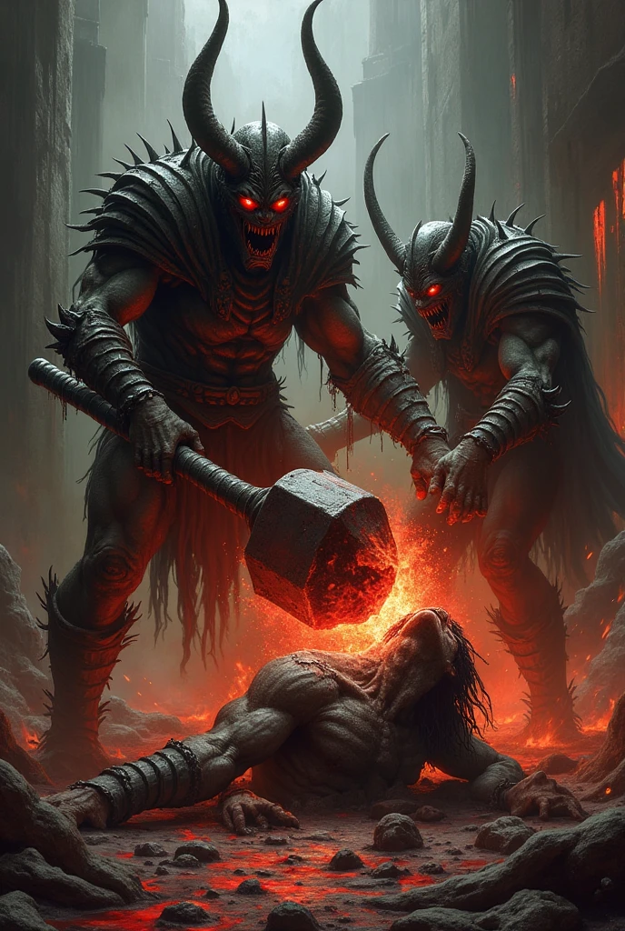 Army of demons in hell blazing fire super detailed hyper realistic detailed faces hell atmosphère very scary