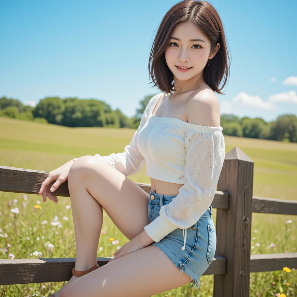 (8k, RAW photo, best quality, masterpiece, ultra detailed, beautiful:1.2), (realistic, photo-realistic:1.5), sharp focus, SIGMA 85mm f/1.4., depth of field, blur background, bokeh, cinematic, soft light, cinematic , (extremely cute 1 Japanese actress:1.6), (18 years old:1.5), detailed pale skin, (detailed face), detailed brown eyes, large breasts, A big smile, looking at viewer, very short black hair, Model body shape, White camisole, pink hot pants, (Beautiful long legs), sneakers, (Hug a Shiba Inu), (Two shots with a Shiba Inu:1.2), (White Shiba Inu:1.5), (On the grass in a large park), dynamic, sunny