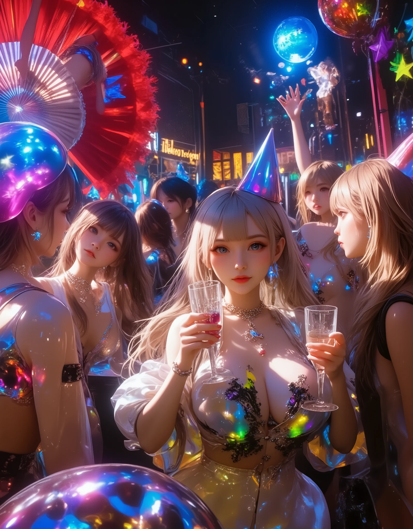8K resolution, masterpiece, Highest quality, Award-winning works, A woman Drinking with female friends at the bar counter after drinking too much at a New Year's party, disco, dance party, cocktails, mirror ball, party cone hat, new year party decorations, party hat, シャンパン, Party popper, (big banner which says "Happy new year":1,4), (dancing passionately on the stage, holding a fancy fan with red feathers in both hands.:1.5)