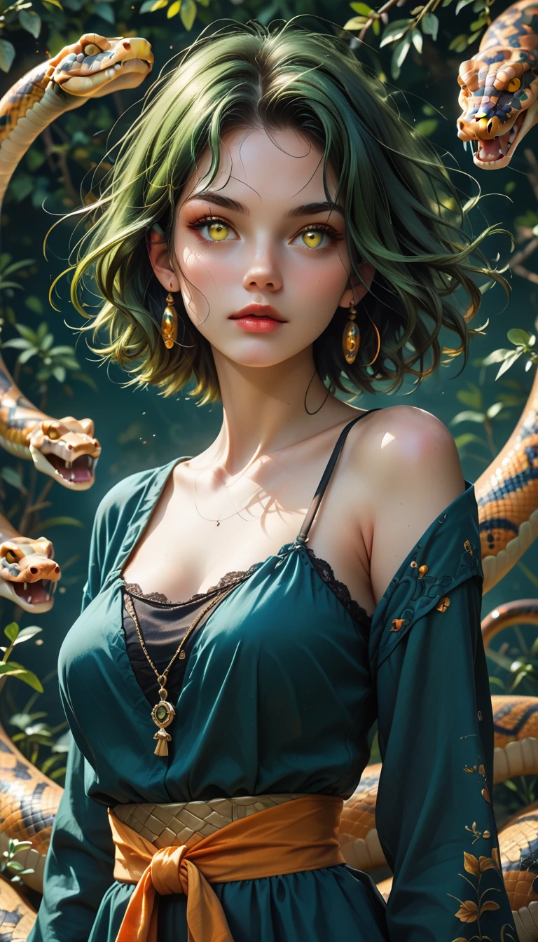 (   masterpiece  ,    Better quality ,      depth of field   ,    best shadows   ,   an anthropomorphic woman ,  half woman  ,half snake, snake tail,  yellow eyes ,  long green hair,  raises her arms in attack , with creative and wonderful nuances   ,    a composition rich in colors and art  .