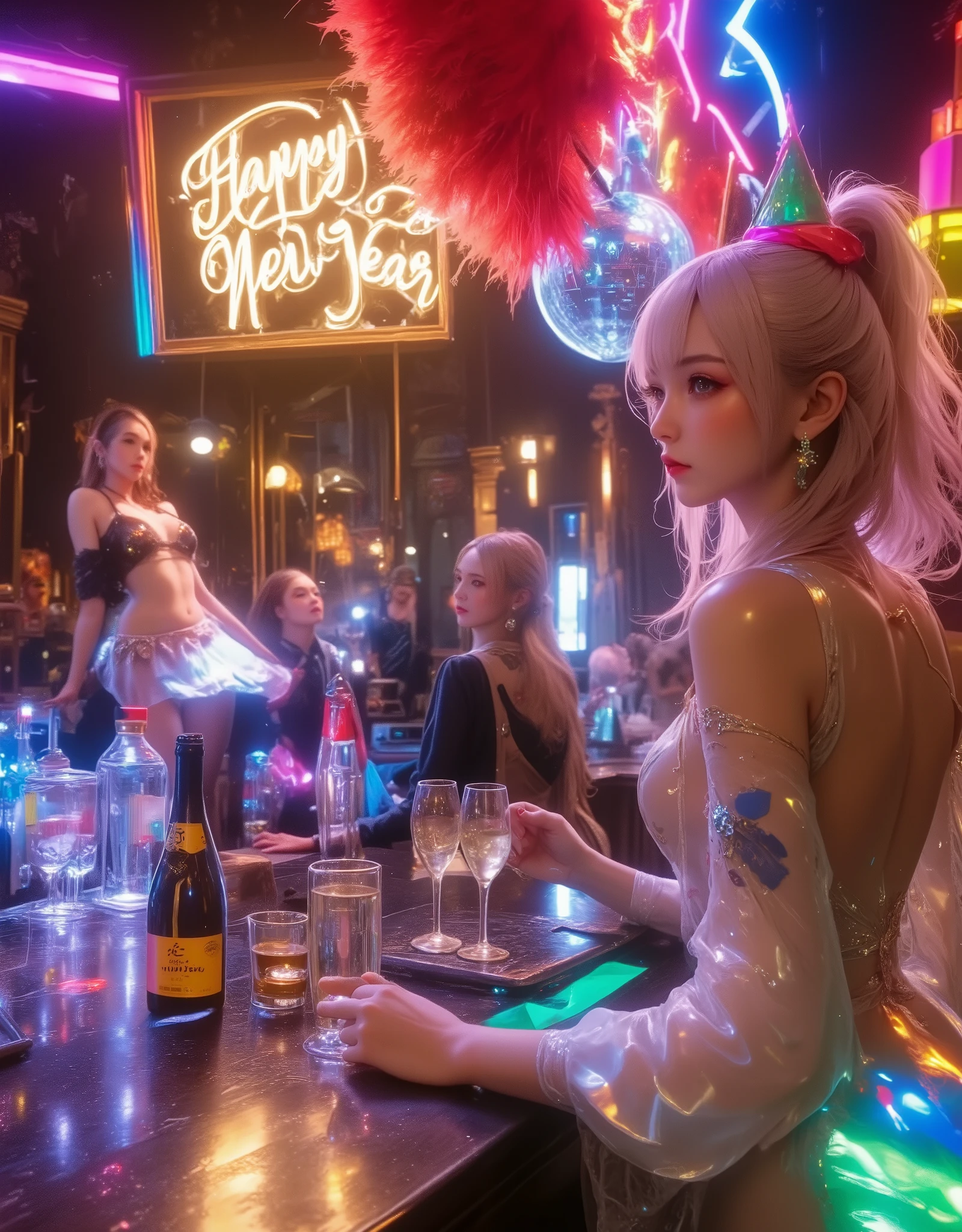 8K resolution, masterpiece, Highest quality, Award-winning works, A woman Drinking with female friends at the bar counter after drinking too much at a New Year's party, disco, dance party, cocktails, mirror ball, party cone hat, new year party decorations, party hat, シャンパン, Party popper, (big banner which says "Happy new year":1,4), (dancing passionately on the stage, holding a fancy fan with red feathers in both hands.:1.5)