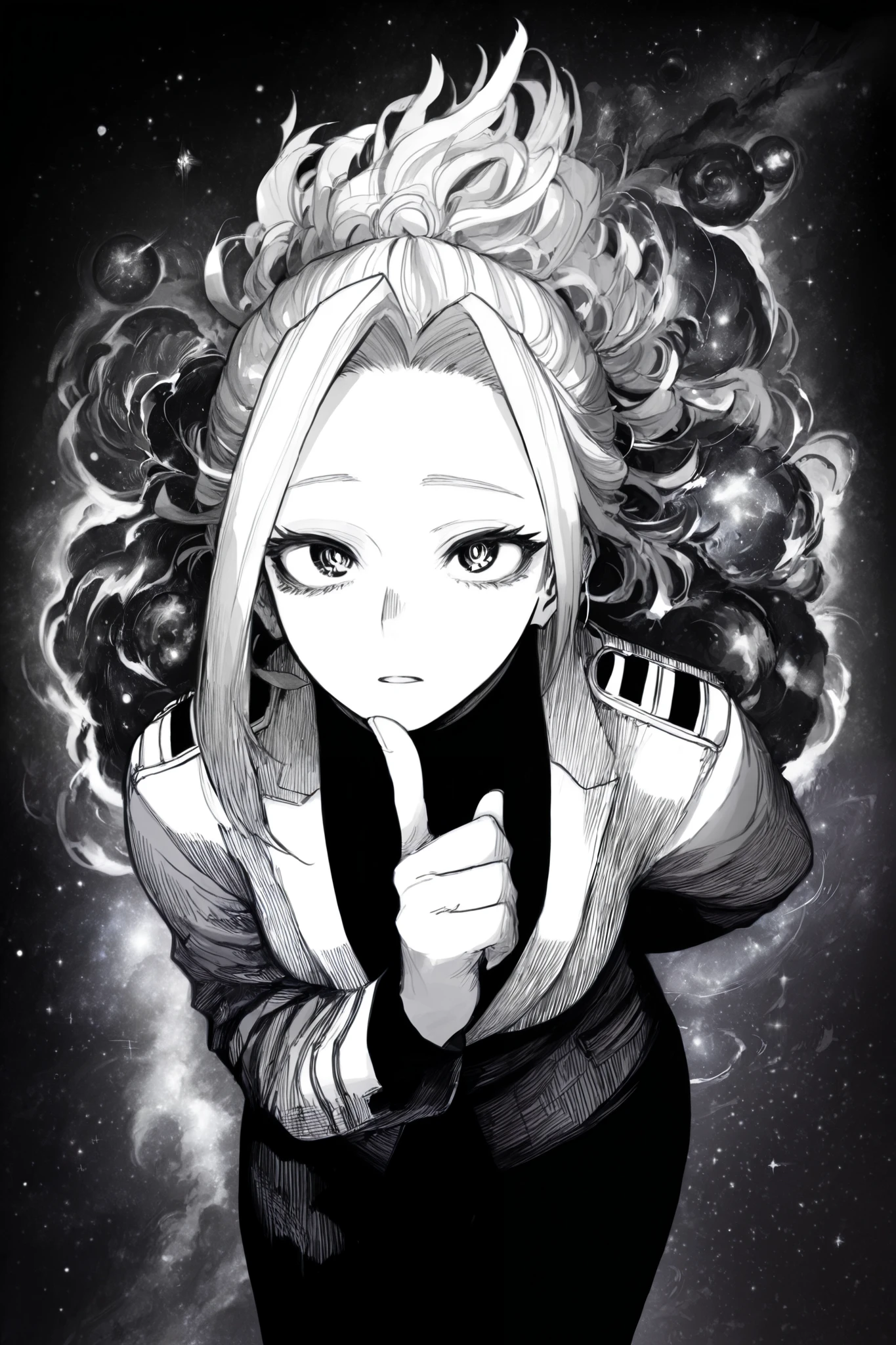 score_9, score_8_up, score_7_up, score_6_up, score_5_up, score_4_up, Kohei Horikoshi, My Hero Academia,
BREAK
(masterpiece: 1.0), best quality, ultra-detailed realistic manga \(medium\) (cinematic manga style), very awa, masterpiece, highres, absurdres, newest, year 2024, year 2023, ultra-detailed textures, (linear hatching, hatching \(texture\):1.1), ultra-detailed clothes, greyscale, monochrome, (masterpiece: 1.0), best quality, perfect anatomy, perfect composition, perfection, monochrome, greyscale, detailed hatching, directional hatching, contour hatching, thick outlines
BREAK
1girl, close-up,  galaxy, standing, hand on own chin, looking at viewer, leaning forward, arm behind back,index finger raised,