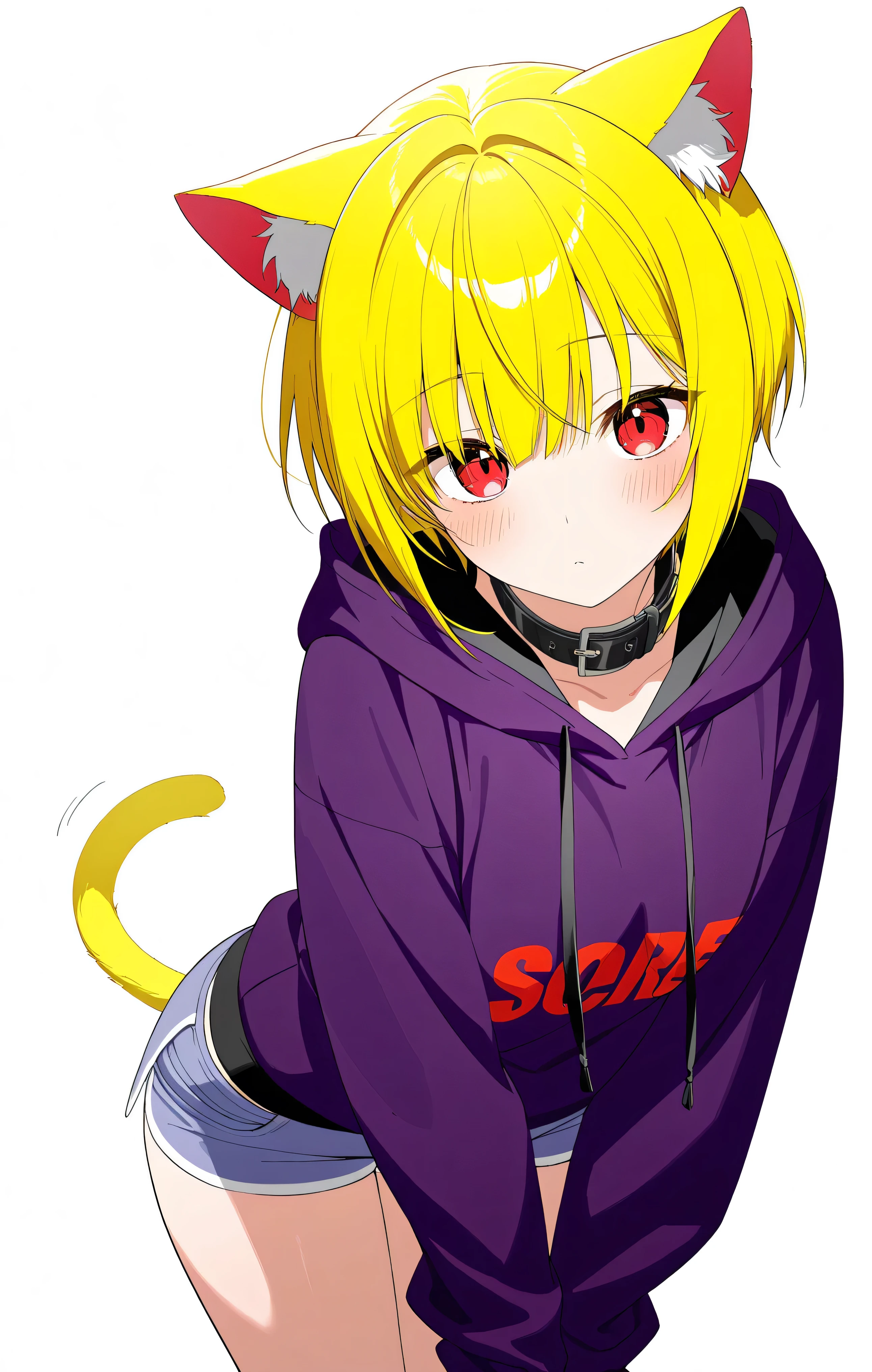 masterpiece, top quality,  GREAT QUALITY ,  very sophisticated ,   high res,  super detailed ,masterpiece、8k、best quality、 highres icon、ultra detailed、 one girl、 cute、Blonde、 short hair、 cat ears the same color as hair
BREAK
red eyes、clean eyes
BREAK
Black collar 、plain purple hoodie、 hotpants、 white background