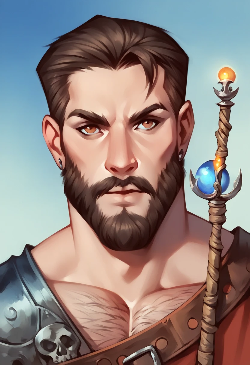 homem idoso na caverna, cabelo cumprido, barba grande, of pre history holding a spear ,corpo tatuado --auto