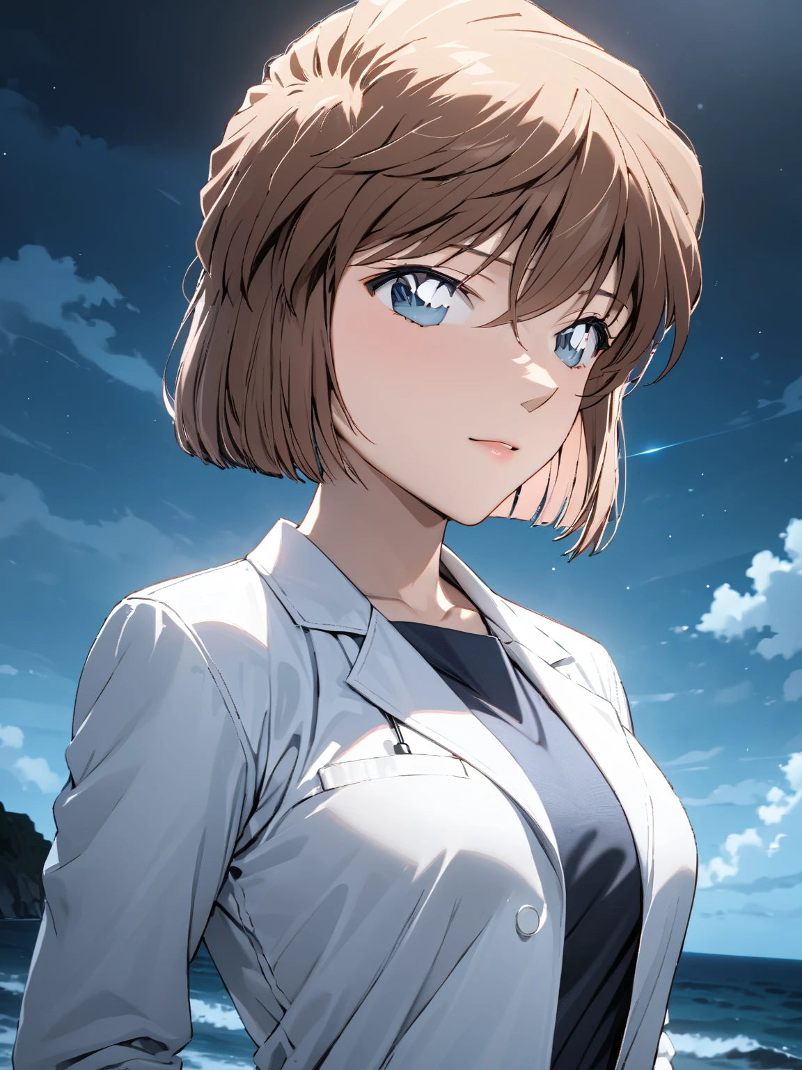 (Haibara Ai),  brown hair, White, Female doctor, Night sea,  cowboy shot ,  low angle, masterpiece:1.5, masterpiece, highest quality, UHD, retina, masterpiece, accurate anatomy, super detailed, high quality, best quality, 8k