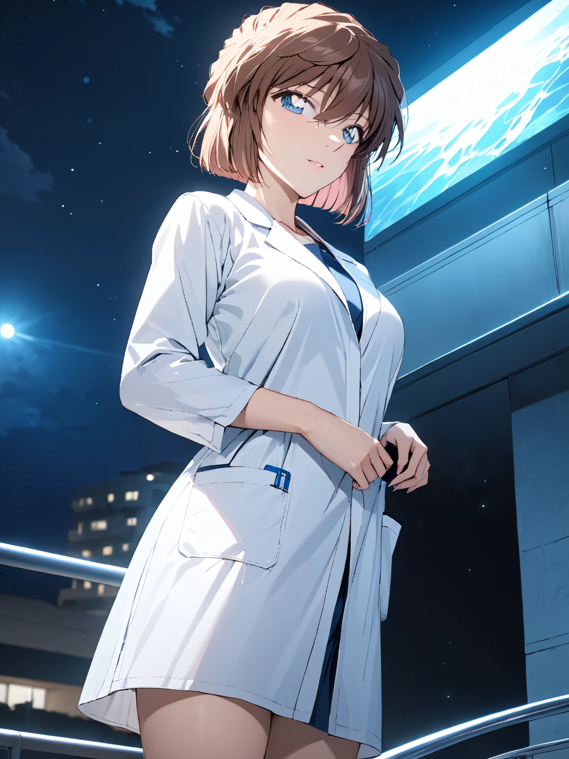 (Haibara Ai),  brown hair, White, Female doctor, Night sea,  cowboy shot ,  low angle, masterpiece:1.5, masterpiece, highest quality, UHD, retina, masterpiece, accurate anatomy, super detailed, high quality, best quality, 8k