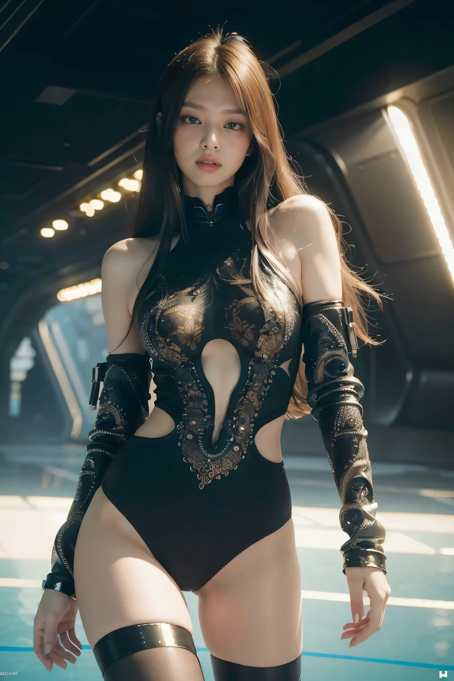 (masterpiece, top quality, best quality, official art, beautiful and aesthetic:1.2), (1girl), (fractal art:1.2),absurdres, highres, ultra detailed, Ultra-precise depiction, solo, (zentangle:1.2), floating hair, shiny skin, (abstract:1.2), pantyhose,looking at viewer, cyberpunk robot, complex robot, halo,