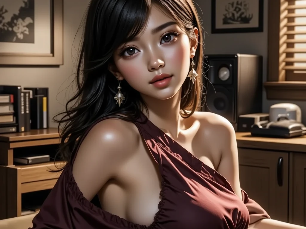 Full body portrait, photograph realistic, of a beautiful Chinese woman (33 years old), an erotic film actress, In a crowded commercial streets, The whole body is soaked with sweat, Slender body, Height 1.6m, has a perfect female figure, with a chest circumference of 34C, Naked of breast, Slim waistline, Slim legs, a hip circumference of 28, Wheat complexion, full forehead, Slender eyebrows, Wear red and black erotic lingerie, Suspender stockings, Platform stiletto heels, Seductive pose, A seductive expression, colored inner hair, light brown hair, bangs, messy hair, wavy hair, hair slicked back, medium hair, jewelry, bespectacled, long eyelashes, earrings, makeup, nervous, red lips, naughty face, high detail, cinematic lighting, three sided view, masterpiece, accurate, textured skin, super detail, best quality, 8k