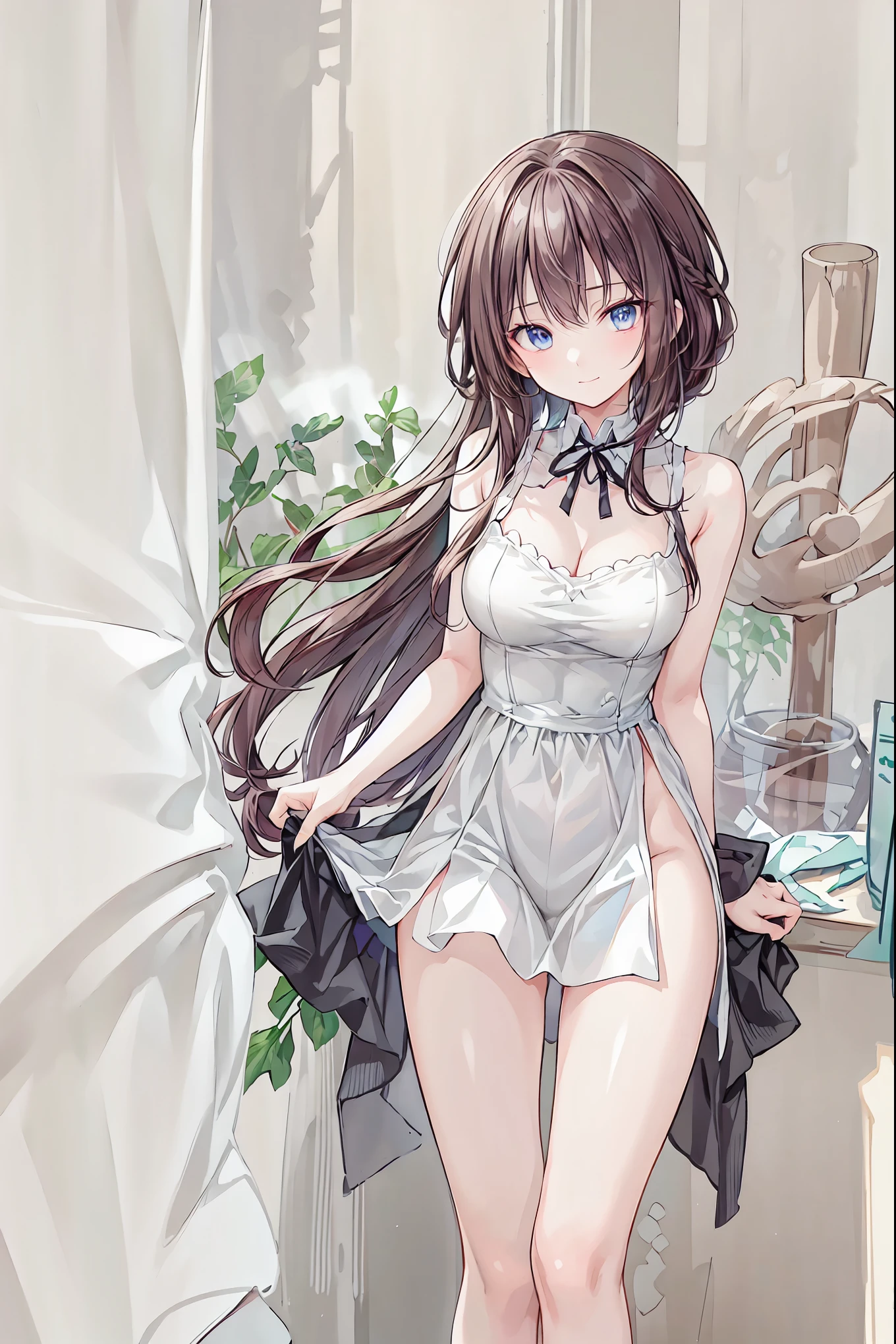 ((masterpiece, best quality)), Delicate face,Sword Princess,whole body,Long legs,Large Breasts,Gradient long wavy hair,Perfect body proportions,beautiful eyes,Extremely beautiful,transparent, Pure white background,Erotic_lingerie,Nude,Lace,Garter stockings