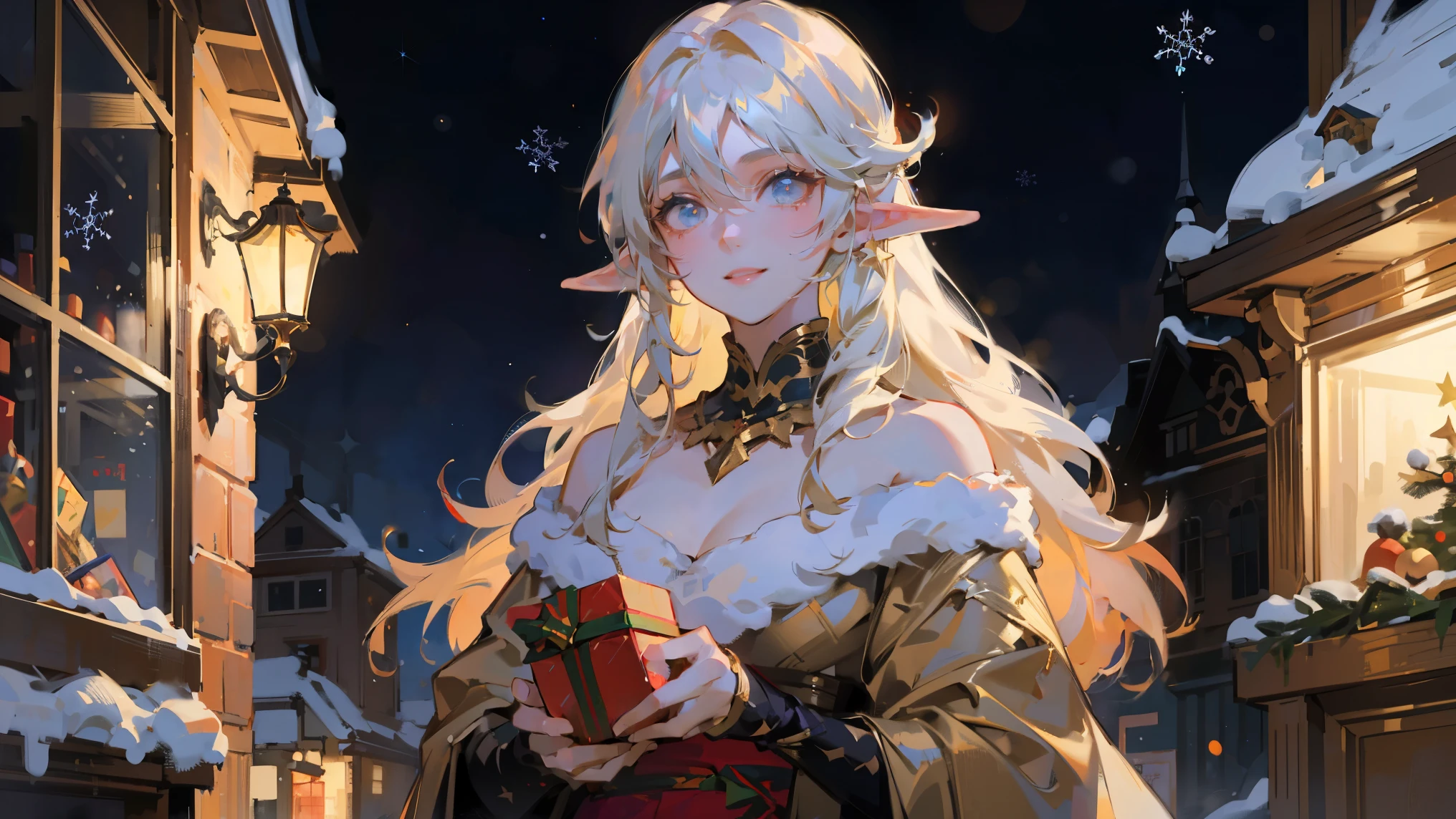 void 0, realistic, 
very awa, masterpiece, highres, absurdres, newest, year 2024, year 2023, blurry foreground, beautiful elf girl with white long hair, blue eyes,
1girl, solo, girl in festive New Year's outfit, holding gifts, cheerful expression, (smiling warmly, light smile:1.2), vibrant colors, cozy atmosphere, 
snowfall, Christmas lights, holiday decorations, glowing ambiance, warm tones, red and gold theme, 
detailed background, festive street scene, illuminated shop windows, sparkling snowflakes, night setting, holiday magic, dynamic perspective, 
