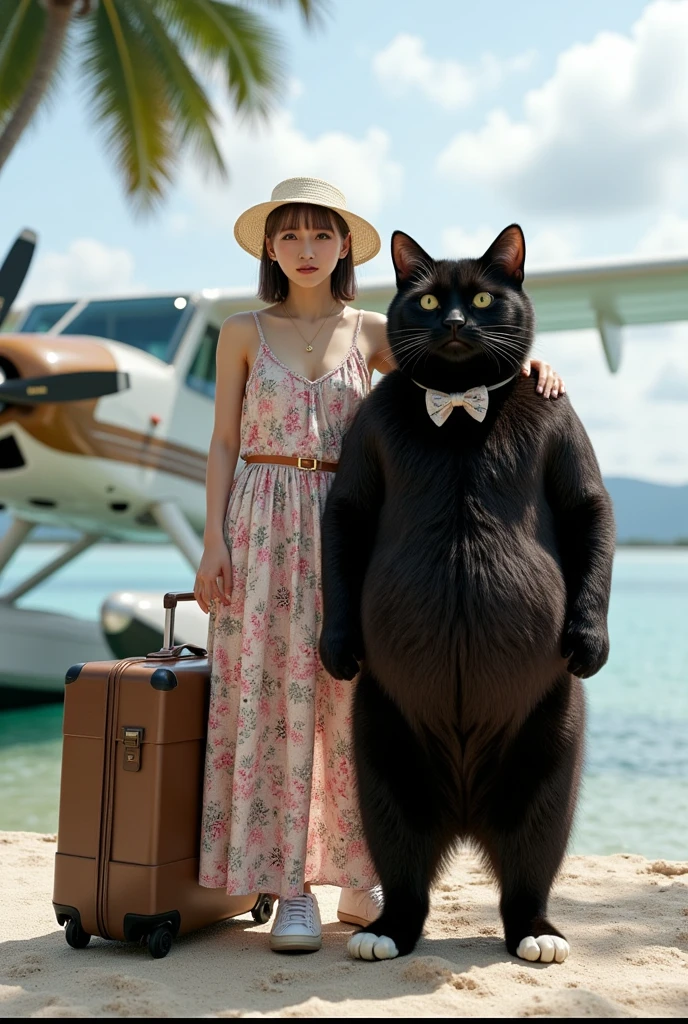 ultra-realistic, photorealistic, dramatic scene, shadow, global-illumination, solo, 1 girl\( 20 years old Japanese beautiful girl, beautiful with cute face, wearing a cute patterned one-piece dress with long skirt, pastel camisole, shoulder-length brown hair, accessories, simple sneaker, elegant hat\), 1 human-like giant black cat\( human-like giant black cat, bow tie, wearing a conservative aloha-shirt, slight taller than the girl, with her, wearing an dark colored aloha-shirt, holding a large suits case, little chubby\), the girl and human-like giant black cat are standing at the private flying boat port, (there is a flying boat with single propeller and equipped wing-mounted floats taking off from the sea), monoplane