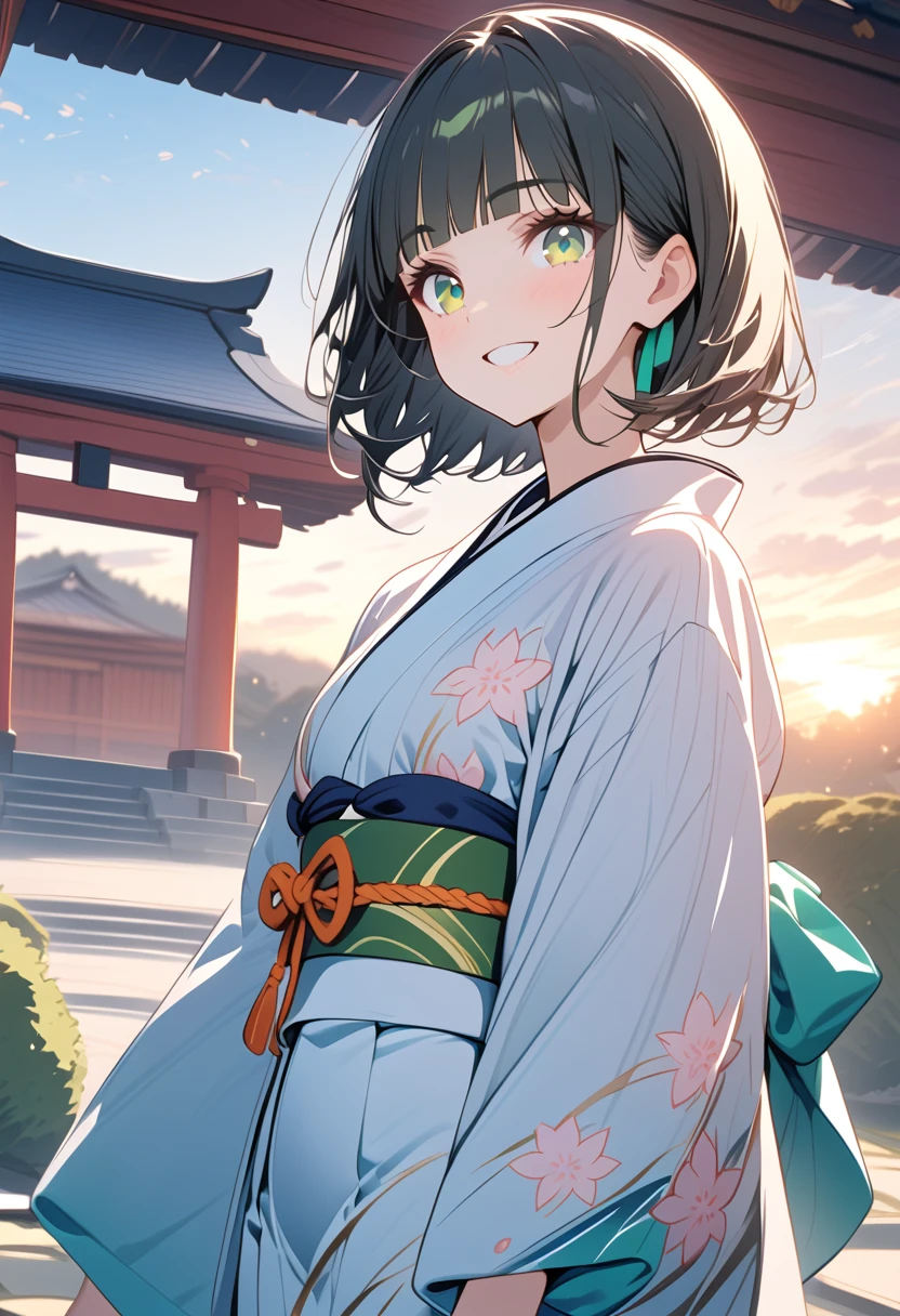 {{{masterpiece}}}, {{{ top quality }}}, {{ ultra detail}}, { cute, detail eyes},  1 girl, Alone, (black hair,bob cut,wavy hair),((green eyes)), (blunt bangs),(Japanese kimono),((standing)),grin,white teeth,black hair,Midea,jade green eyes,clear sky,sunrise,Japanese shrine