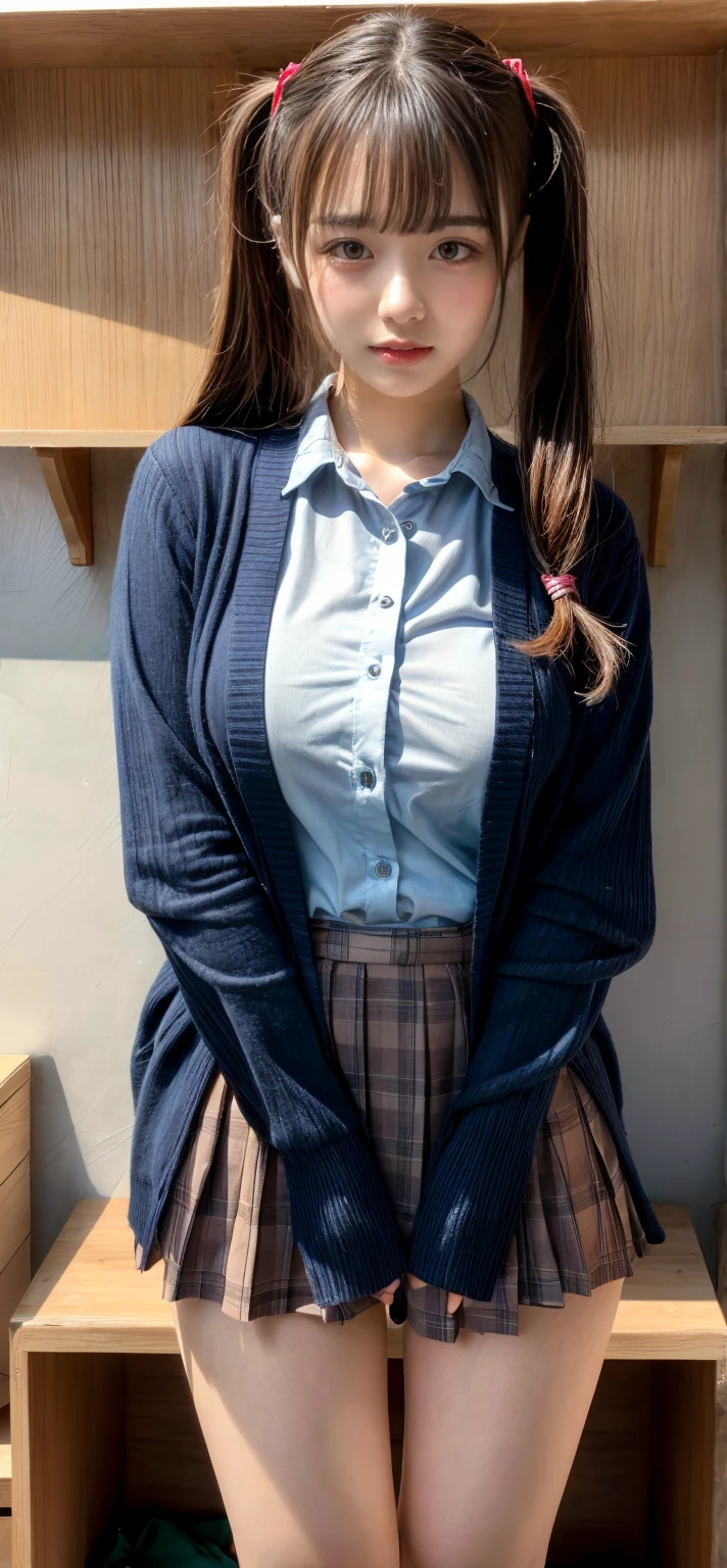 masterpiece, best quality, illustration, Super detailed, fine details, High resolution, 8K,wall paper, perfect dynamic composition,(Details High quality, realistic depiction of eyes:1.3), from side, standing,High School Classroom、High school girl uniform、Cardigan、Super Short Check Uniform Skirt、Navy blue high socks、garterbelts、Colossal tits、Disturbed uniform、low ponytail, black hair color, sexy pose, Big Natural Color Lip, bold sexy pose, (perfect body shape), crying a little、cold gaze, Harajuku style、20 year old girl、cute type, beautiful legs, hposing Gravure Idol, Voluptuous thighs