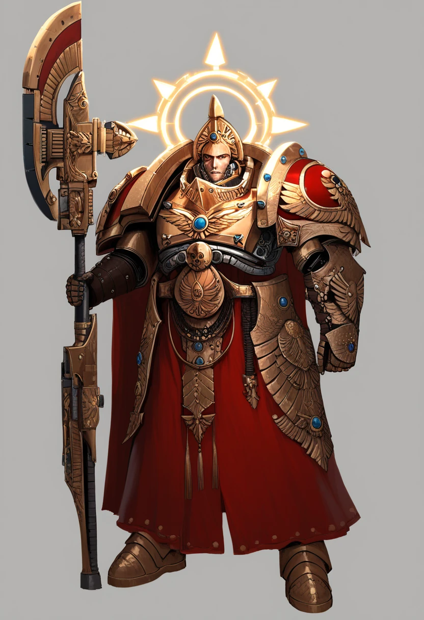 Anime, Concept art, Absurd resolution, high resolution, (masterpiece: 1.4), hyper-detail, warhammer 40k armor, gold armor, heavy armor, plated armor, full body, glowing weapon, cloak, edgy, grimdark, octosoup, 1man, bulky, buff, red plume, loin cloth, helmet, reference sheet, iron halo, adepus custode, full shot, Holding_Halberd_V1
