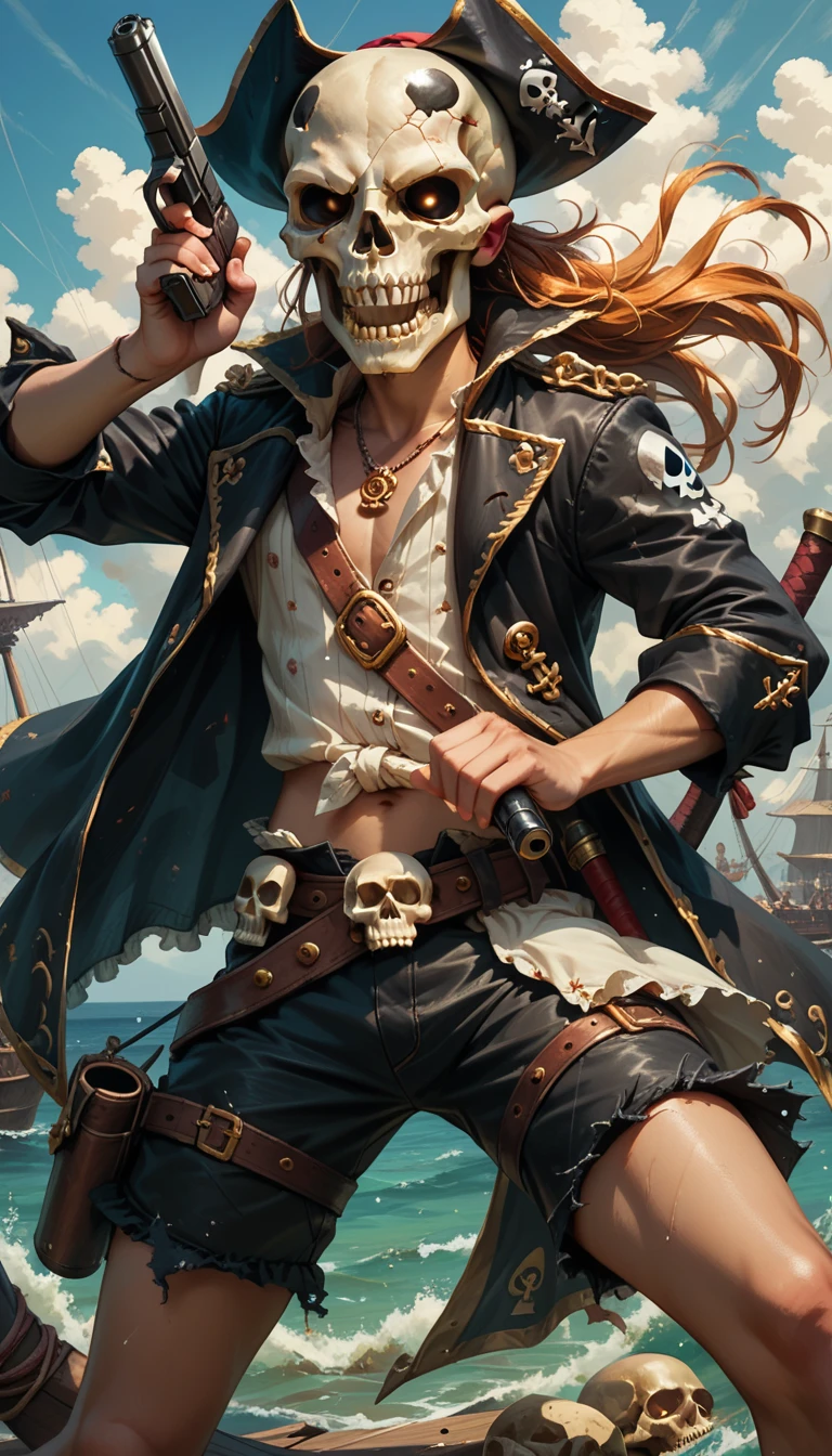 a warrior, body shorts, skull head, Skull skull, pirate costume, Hold an old pistol, strong,dynamic pose