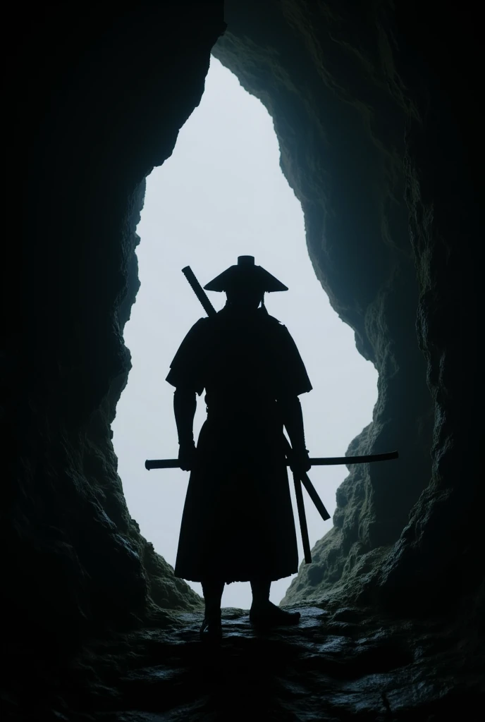 Silhouette.Japanese samurai silhouette, silhouette, cave,