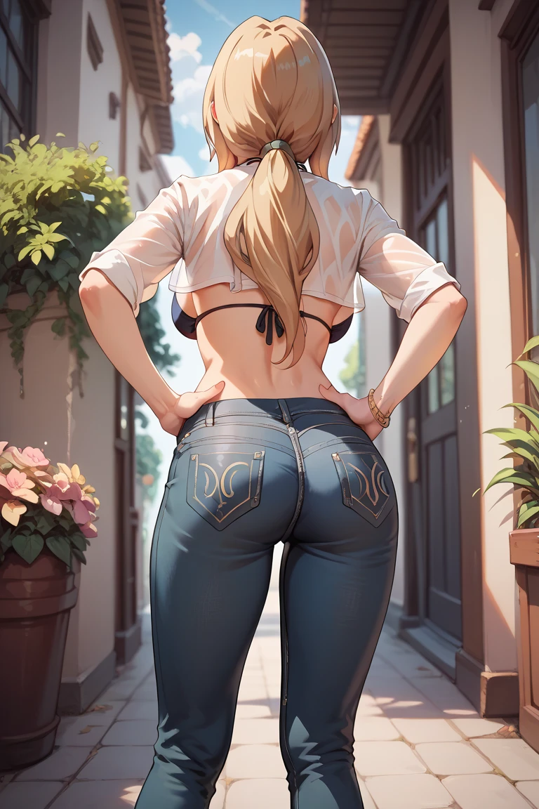  original style , Tsunade,  long hair ,  Black jeans , Wavy orange hair ,  Open white shirt on bikini , jeans, hands on hips, whole body,  legs spread , long legs, fingers,  shows her butt , from behind , whole body