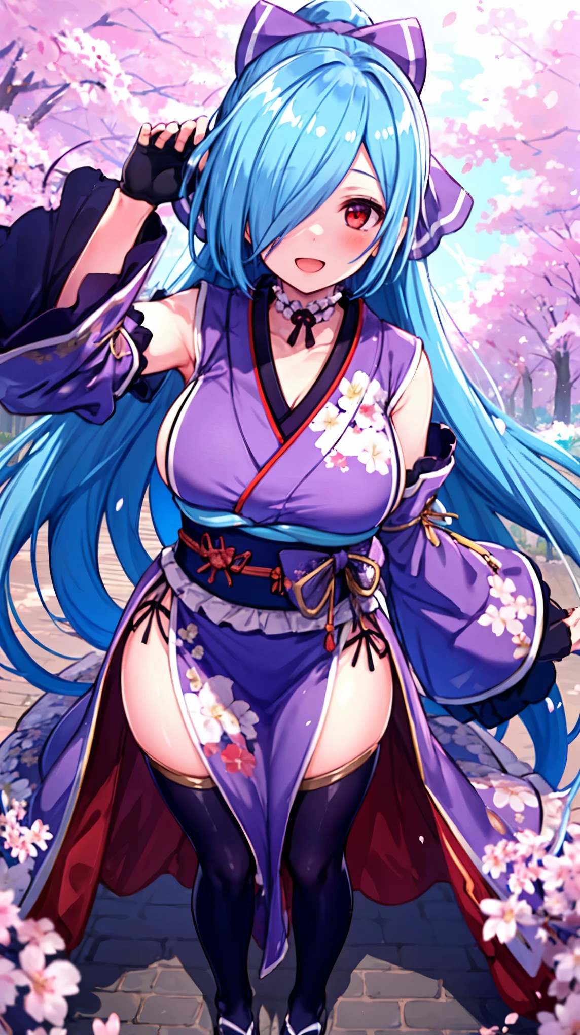 masterpiece, best quality, (1girl, solo),
yamato iori, 1ung_teirl, virtual youtuber, solo, gloves, bow, hair bow, long hair, hair over one eye, thighhighs, blue hair, fingerless gloves, red eyes, japanese clothes, full body, detached sleeves, ponytail, looking at viewer, black gloves, very long hair, (heavy&soft_large_breasts:1.4), purple bow, kimono, smile, open mouth, transparent background, standing, sash, obi, purple kimono
blush,cherry blossoms,
( outdoors, forest, upper body, dynamic pose, looking at viewer, ),plump