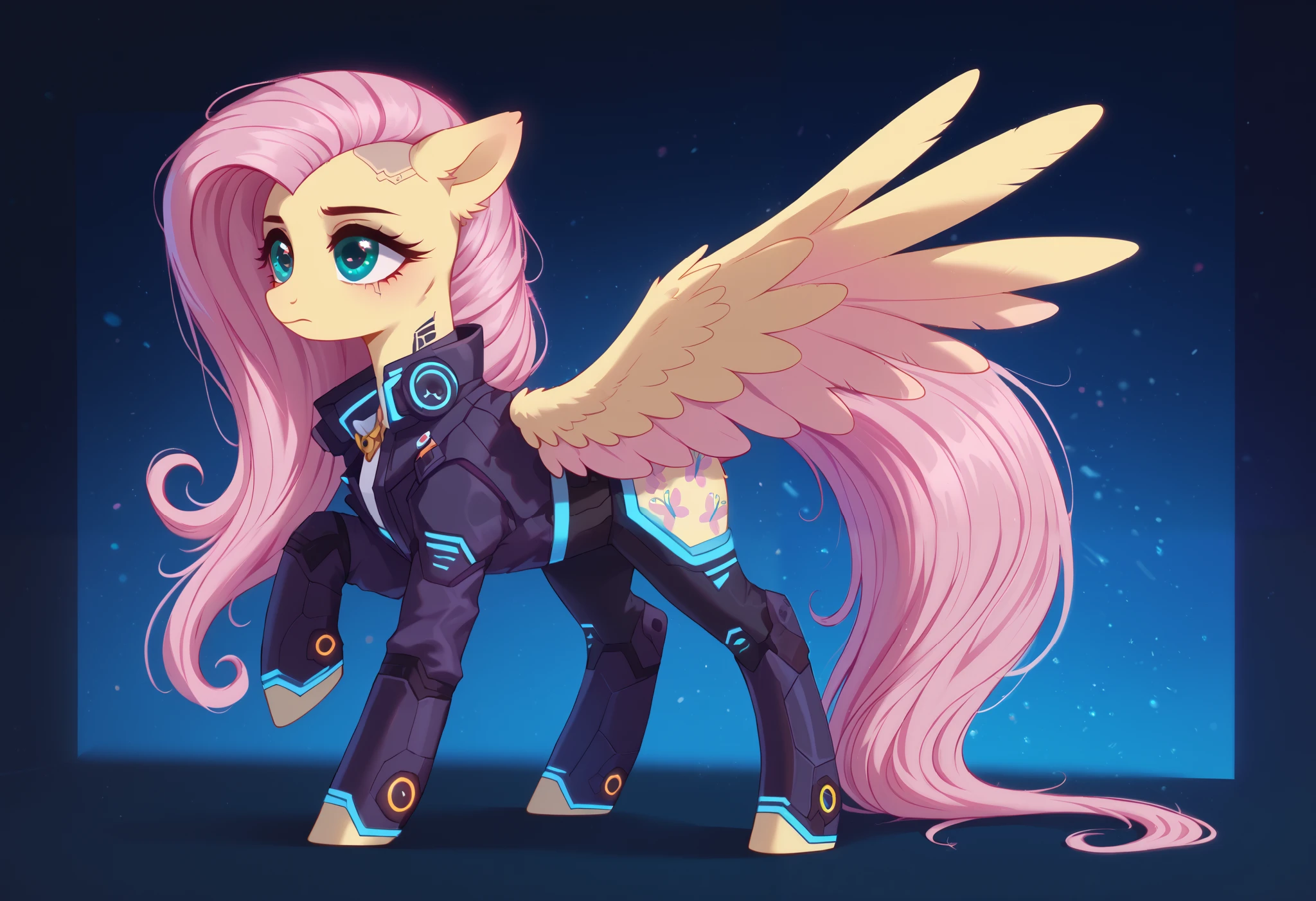 score_9, score_8_up, score_7_up, score_6_up, score_5_up, score_4_up, show accurate, full body, simple background, feral pony, female pony, original character, ((((fluttershy in cyberpunk style)))), high-tech aesthetic, neon glow accents, sleek robotic enhancements, vibrant yellow body with iridescent highlights, gradient effect on the wings transitioning from electric blue to hot pink, delicate circuits visible under fur, large expressive teal eyes with digital pupils, soft mane in a blend of pastel pink and vivid purple with synthetic strands glimmering like fiber optics, loosely tied in a futuristic braid adorned with small LED-lit accessories, wearing cybernetic goggles perched on her forehead with an integrated HUD, cyberpunk-themed clothing consisting of a fitted leather jacket in dark black with metallic sheen and holographic patterns, accentuated by high-tech gauntlets covering her forelegs with glowing circuitry, black utility belt with gadget pouches, futuristic thigh-high boots featuring interactive displays, her Cutie Mark transformed into a tech-inspired holographic symbol, futuristic floral motifs integrated into her design with soft glowing flowers around her head and body, light mist of digital particles floating around her, giving a sense of movement, background showcasing a bustling cybernetic cityscape with neon lights, holographic billboards, and flying vehicles, the atmosphere colorful yet slightly dystopian, a sense of wonder and adventure portrayed through the character's pose and expression, showcasing a combination of fragility and strength, soft but determined demeanor, ready for exploration and connection with her environment, intricate details reflecting the cyberpunk theme while maintaining the essence of a beloved character.