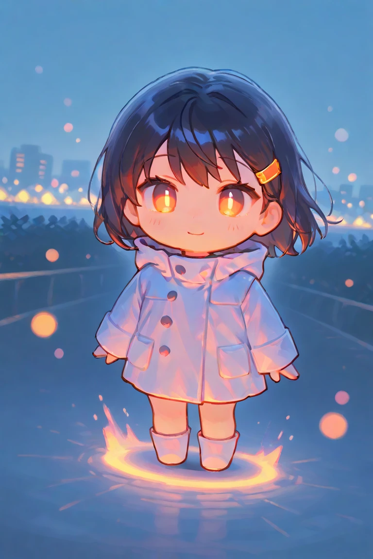 solo,1girl\((chibi:1.3),(haruna:1.3), 1girl, cute, beautiful, beautiful eyes, red survival coat, glowing eye, psychic purple spark aura\), background\((Jungle:1.3) (urban city)\). masterpiece, best quality,beautiful bokeh,dynamic angle, 3d, landscape,simplism,minimalist