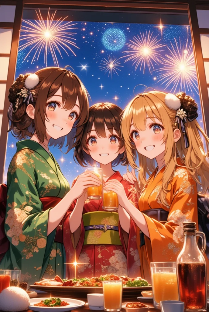 (masterpiece, high quality, high resolution, 4k, 8k, detail), 3 cute girls (1st: medium short brown hair, green rose pattern kimono, fluffy white hair scarf), (2nd: short black hair, red flower pattern kimono, fluffy white hair scarf), (3rd: long blond hair, orange flower pattern kimono, fluffy black hair scarf), (cute, sparkling eyes, smiling), (anatomically correct hands, fingers, body), New Year celebration dinner , toast with juice, Logo[Happy new year 2025], fireworks through window, art poster、wallpaper