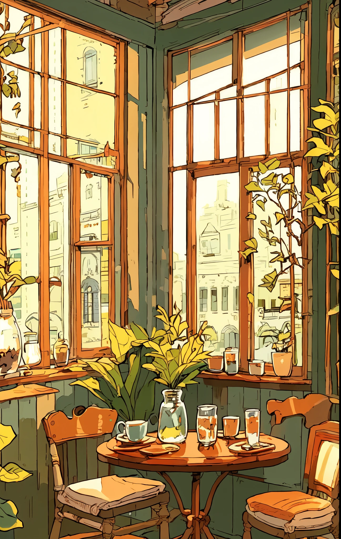 Warm, cafe, Large window , Ivory , Brown , vintage furniture, comic book, animation, prime, plant, tree, blur, sunset, large glass window , No humans , high detail , Book cover , Exterior , Outdoor, quiet little city