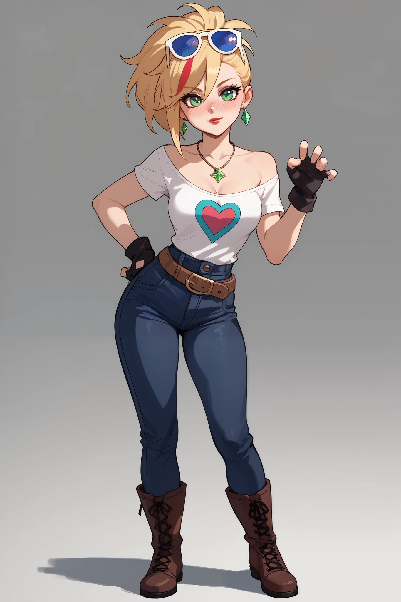 20 year old girl, ponytail blonde hair, lots of red stripes on hair, blue sunglasses on head, cute face, green eyes, long eyelashes, light blush, green earrings, prism necklace, black swin top, black swin bottom, fingerless gloves, very loose brown belt, steel toe boots, thin waist, standing, relaxed down arms, cute pose, red Lips, Makeup, Nose Blush, Full body overview, fullbody view 