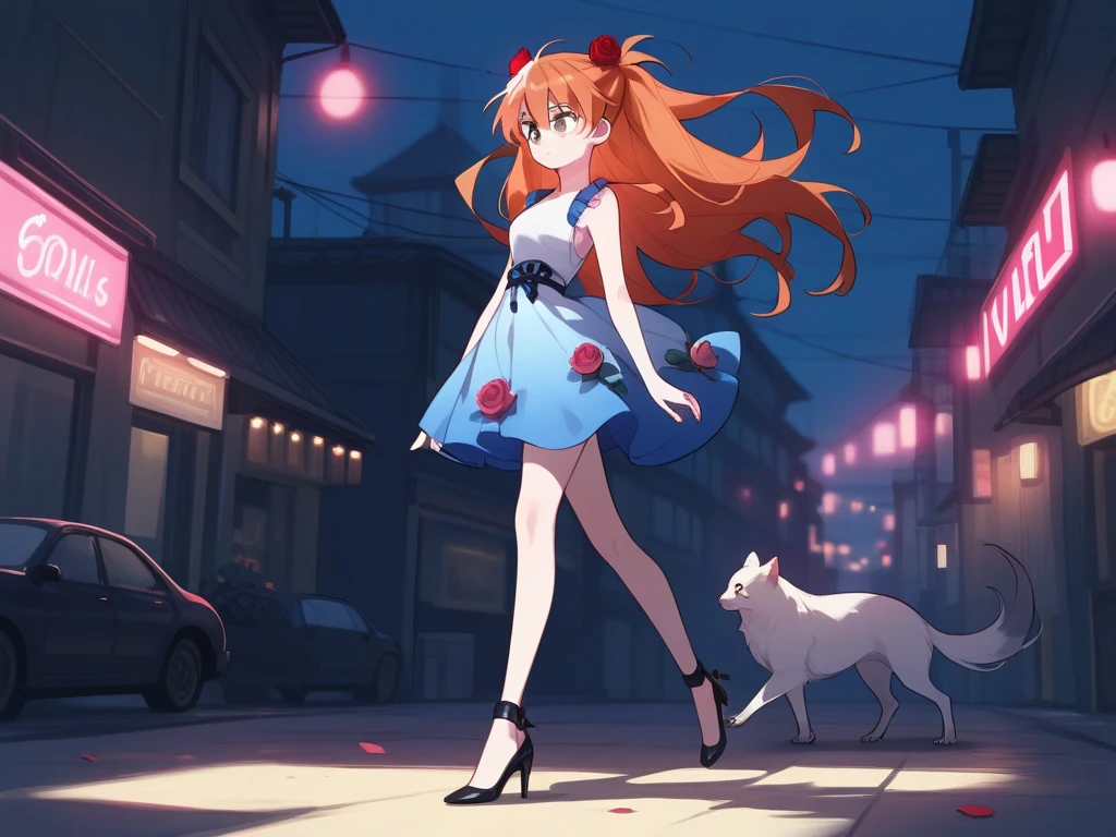 "An anime-style illustration of a young woman  anime girl 90 style animation EVA 01, asuka langley soryu looking with long red hair, styled in a slightly messy bob with bangs. She has big, expressive brown eyes and a calm, gentle expression with light freckles on her cheeks. , which adds a nostalgic feel.   standing  on urban steps at night. She has long, reddish-orange hair tied up in a high ponytail and is wearing a sleek, light blue mini-dress with thin straps. Her legs are crossed casually, and she is wearing elegant black high heels with ankle straps. The background is vibrant and festive, filled with glowing red and pink lights, and floral heart-shaped decorations made of roses. The setting appears to be a lively street scene at night, with storefronts, neon signs, and people walking. The atmosphere conveys a romantic and celebratory mood, enhanced by the heart and flower motifs, making it perfect for a Valentine's Day theme