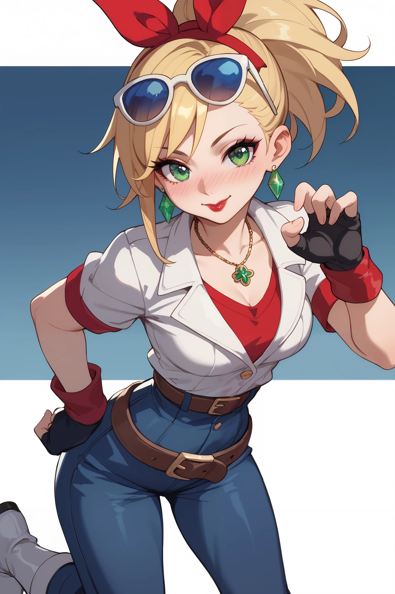 20 year old girl, ponytail blonde hair, lots of red stripes on hair, blue sunglasses on head, cute face, green eyes, long eyelashes, light blush, green earrings, prism necklace, black swin top, black swin bottom, fingerless gloves, very loose brown belt, steel toe boots, thin waist, standing, relaxed down arms, cute pose, red Lips, Makeup, Nose Blush, Full body overview, fullbody view 